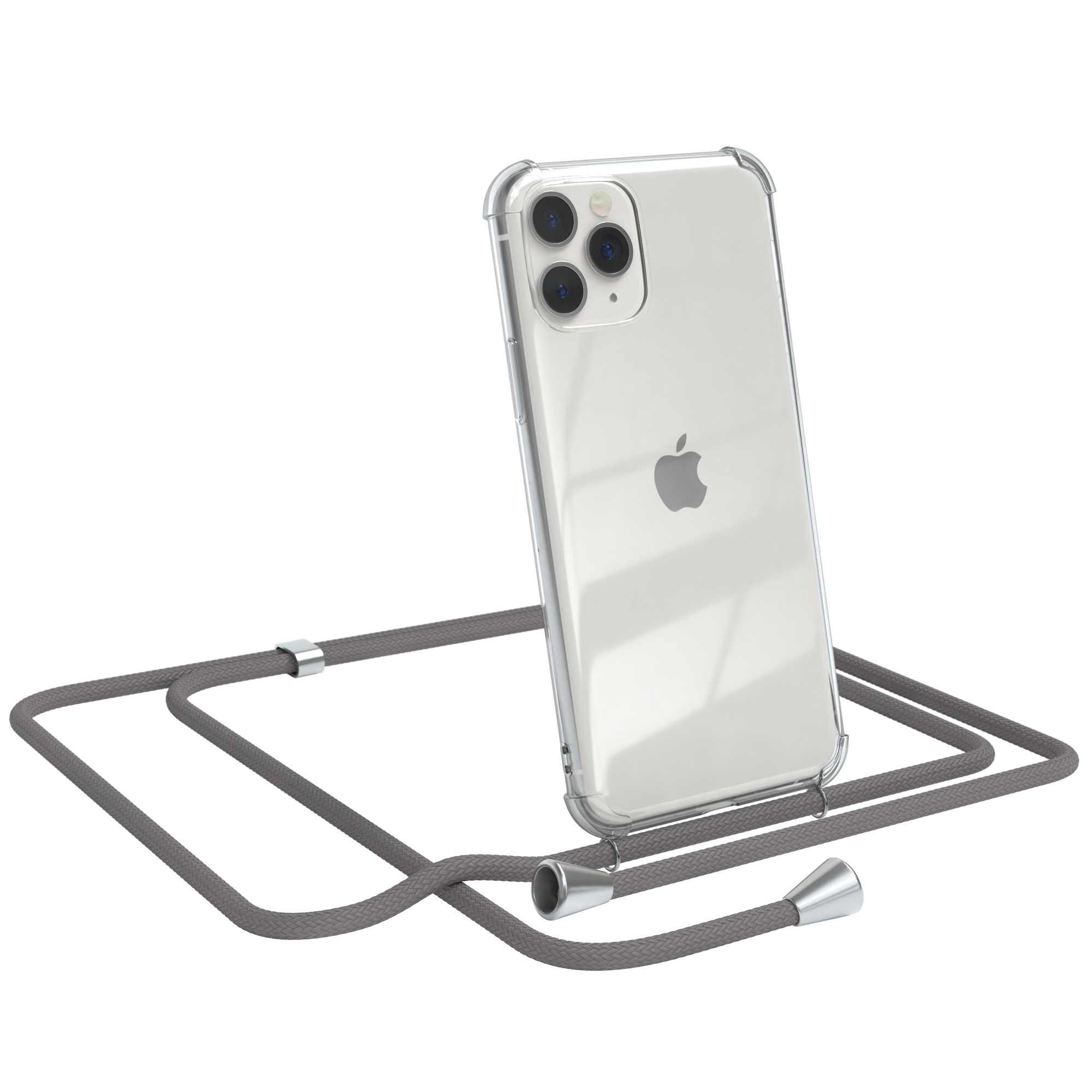 Transparente Handyhülle mit grauem Band. Apple-Logo sichtbar. Weißer Hintergrund.