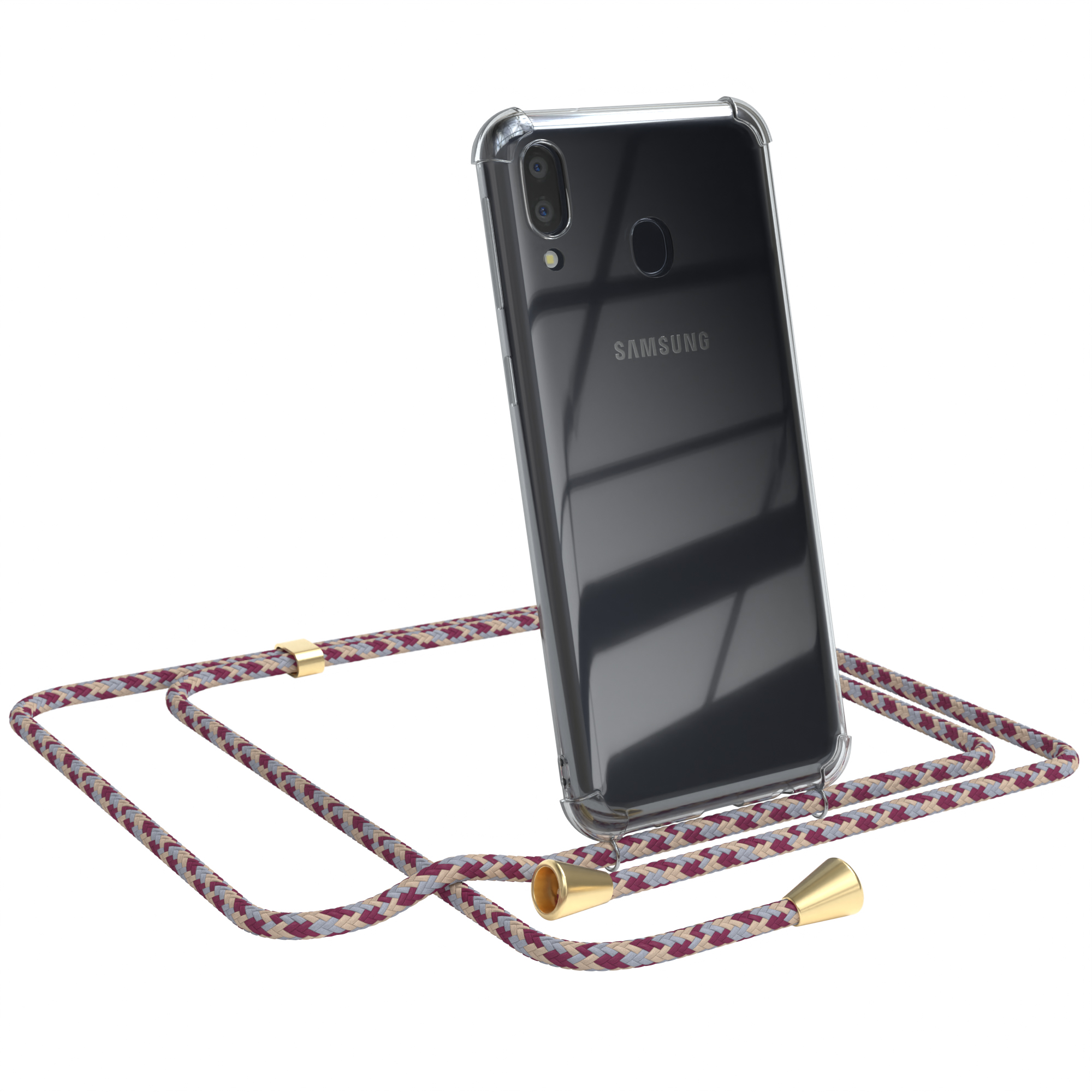 Transparente Handyhülle mit weinrotem Band. Samsung-Logo sichtbar. Weißer Hintergrund.