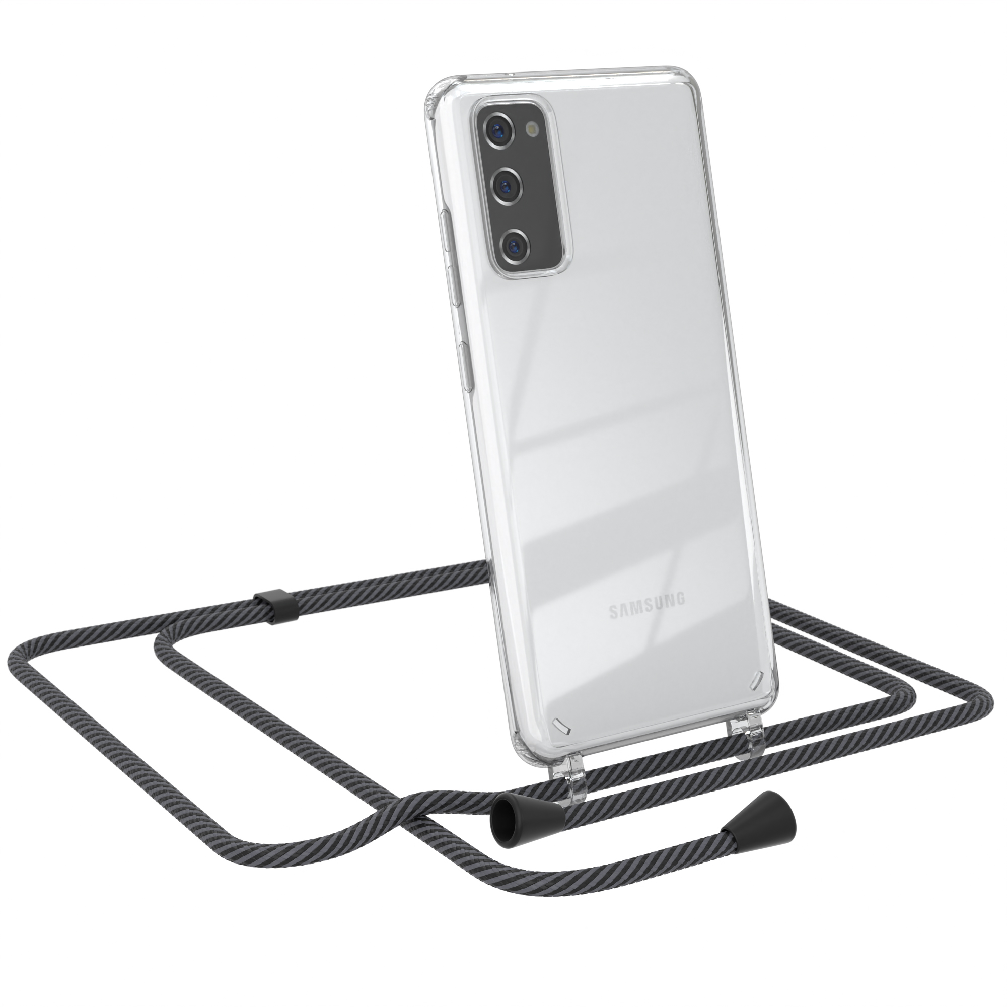 Samsung-Telefon in klarer Hülle mit grau-schwarzem Lanyard.