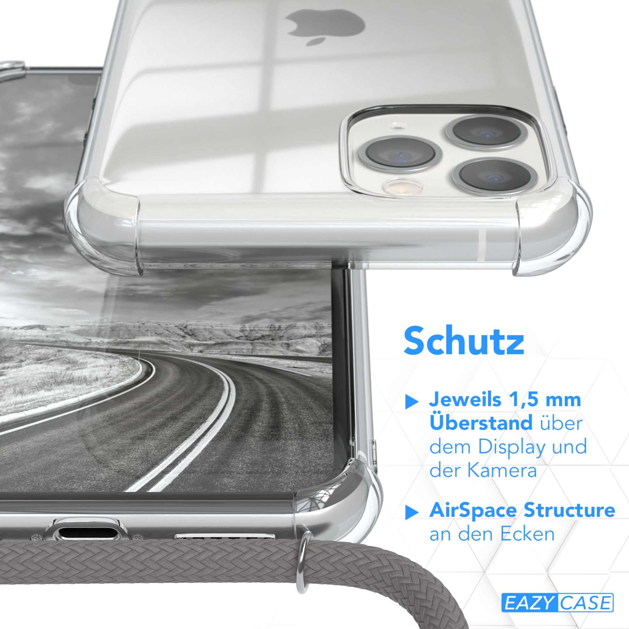 Transparente Handyhülle mit Text, der Display- und Kameraschutzfunktionen beschreibt. Hintergrund ist eine Straße.