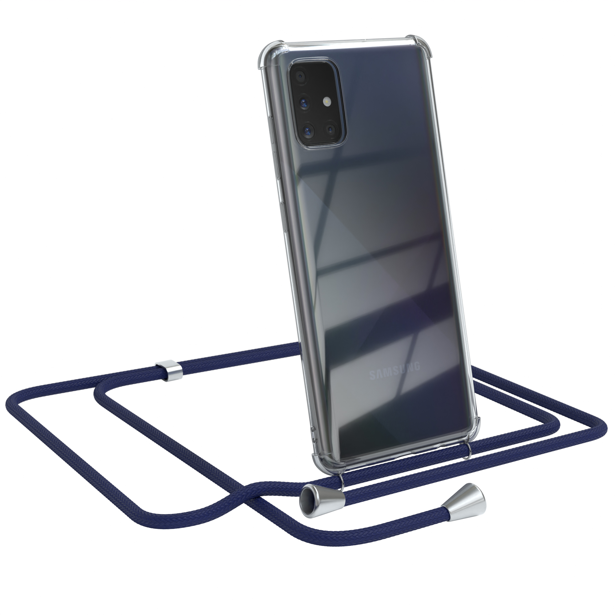Telefon in klarer Hülle mit blauem Umhängeband.
