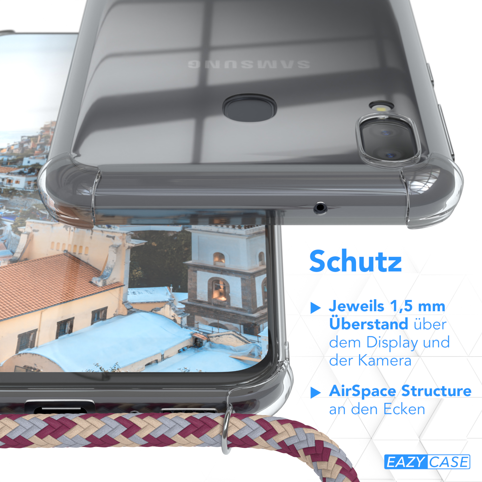 Nahaufnahme des Handyhüllen-Details, das Schutzfunktionen zeigt. Text-Overlay hebt das Design der Hülle hervor.
