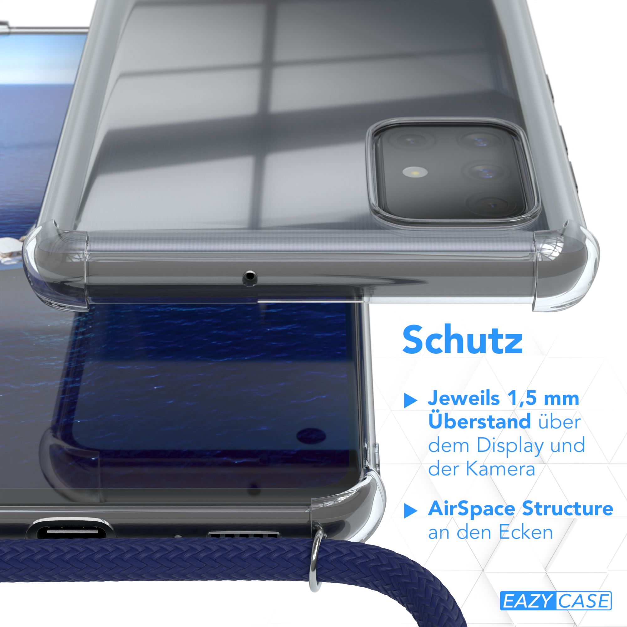 Nahaufnahme einer transparenten Handyhülle mit Text 'Schutz'. Eigenschaften: 1,5 mm Displayschutz, AirSpace Struktur.