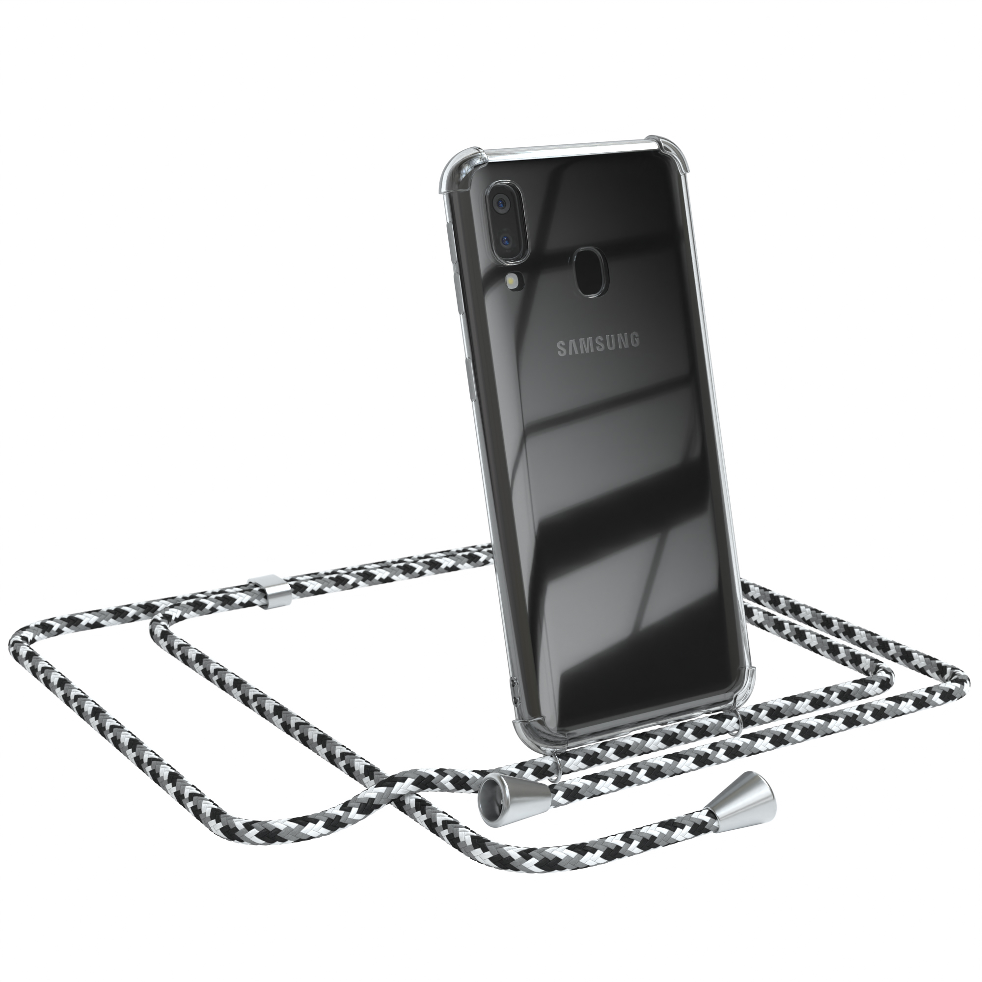Transparente Handyhülle mit schwarz-weißem Kabel. In der Hülle befindet sich ein Samsung-Handy. Telefon ist abgewinkelt.