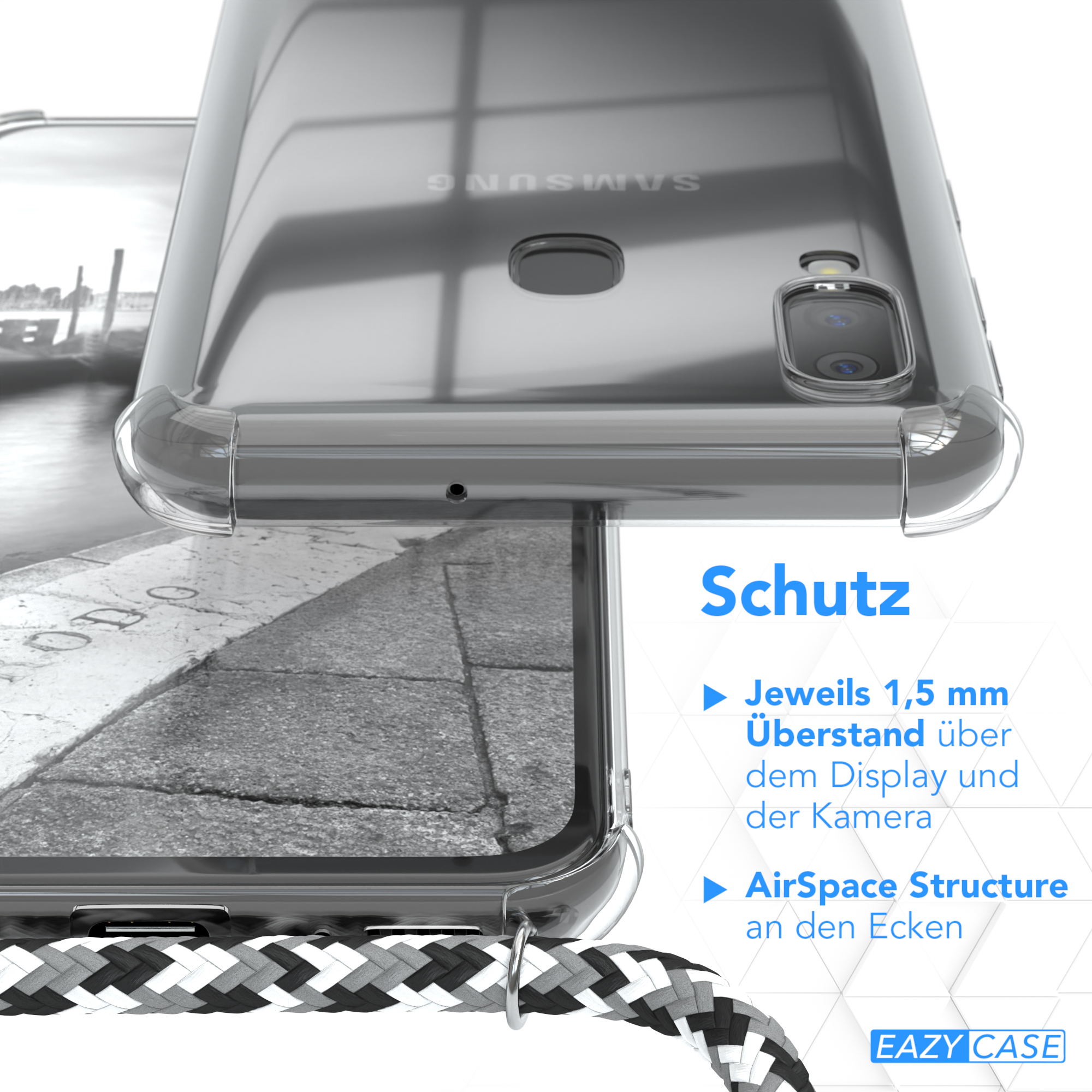 Nahaufnahme einer transparenten Handyhülle, die ein Telefon schützt. Text beschreibt Schutzfunktionen.