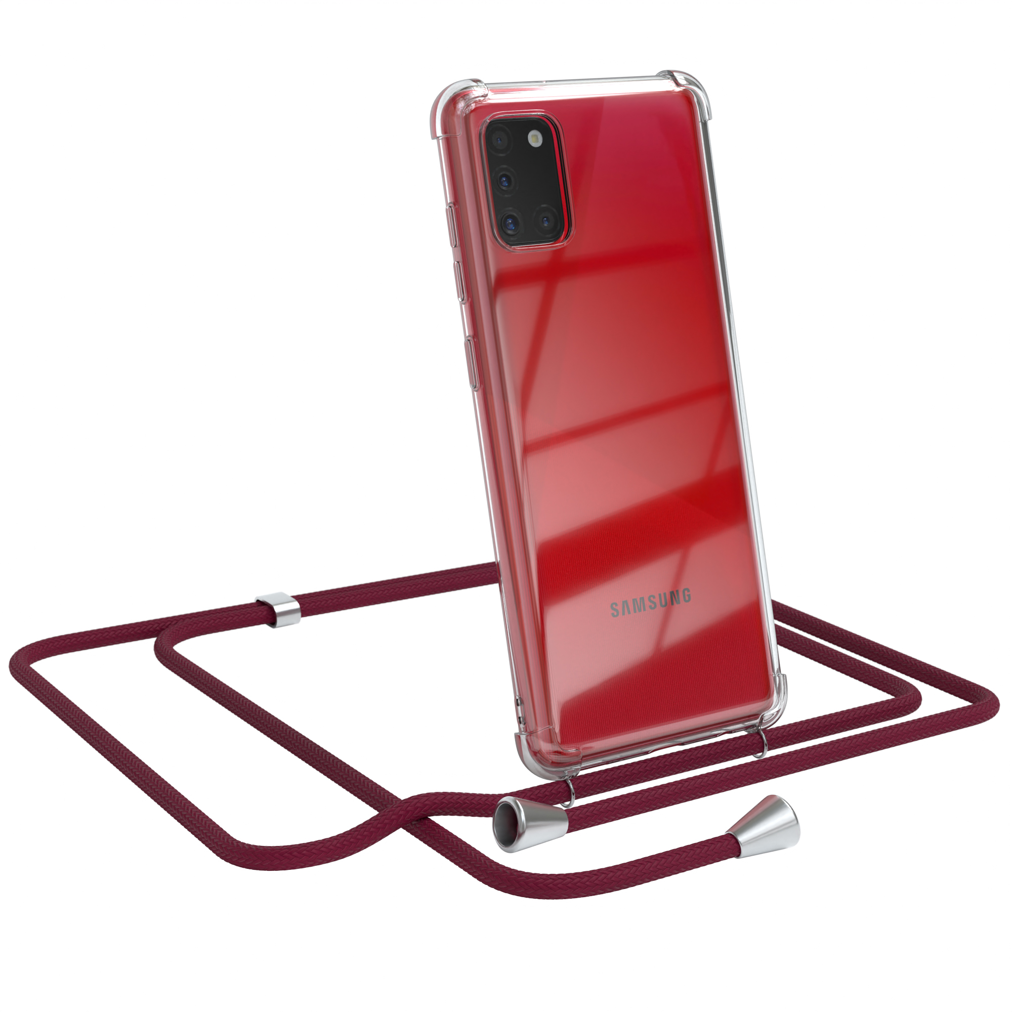 Transparente Handyhülle mit bordeauxrotem Umhängeband. Ein Samsung-Handy ist darin. Weißer Hintergrund.