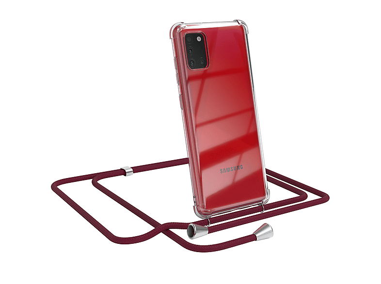 EAZY CASE Clear Cover mit Umhängeband, Umhängetasche, Samsung, Galaxy A31, Bordeaux Rot / Clips Silber