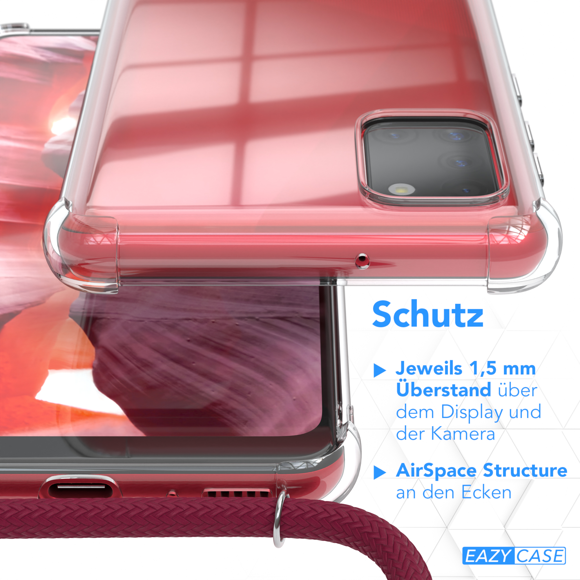 Nahaufnahme einer durchsichtigen Handyhülle mit Telefon, Text und einem Riemen.