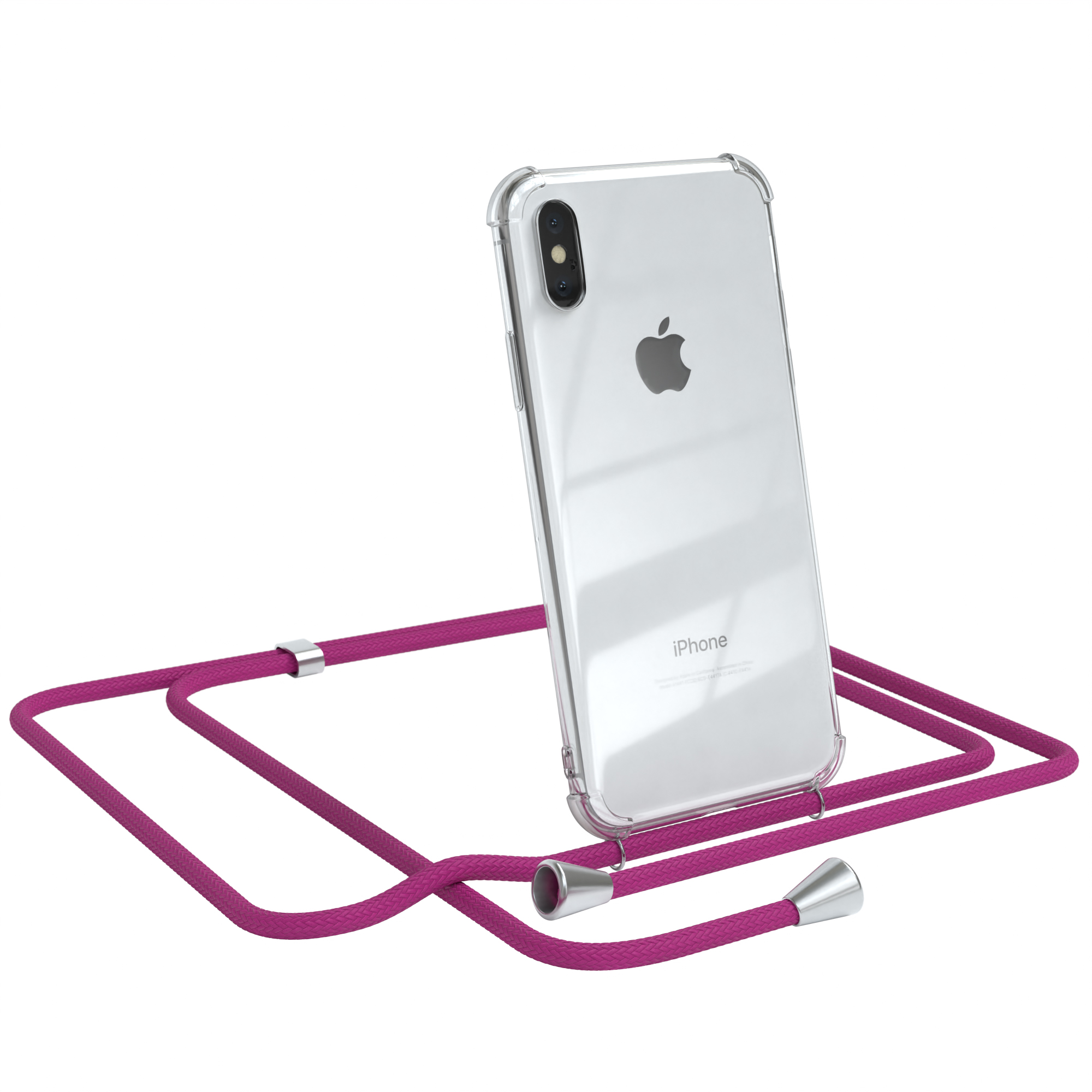 Transparente Handyhülle mit rosa Band. Apple-Telefon sichtbar. Weißer Hintergrund.