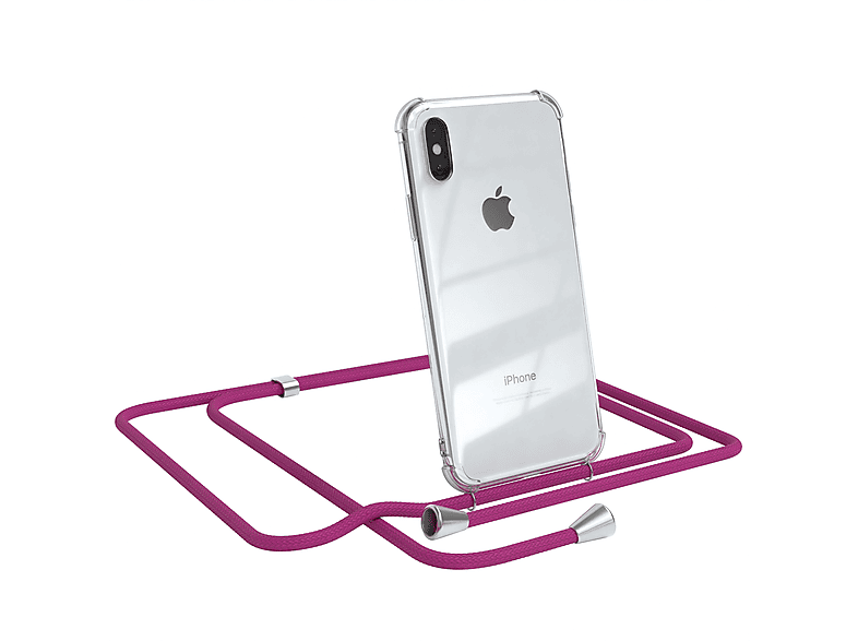 EAZY CASE Clear Cover mit Umhängeband, Umhängetasche, Apple, iPhone X / XS, Pink / Clips Silber