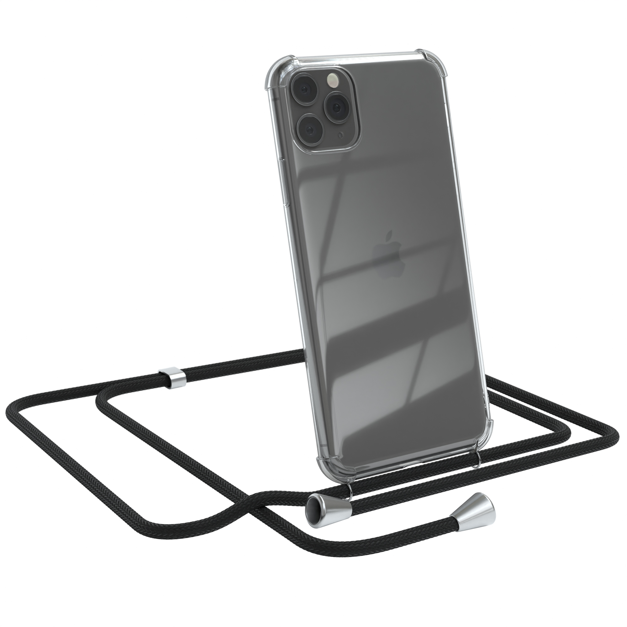 Transparente iPhone-Hülle mit Band. Apple-Logo sichtbar. Der Riemen hat silberfarbene Akzente.