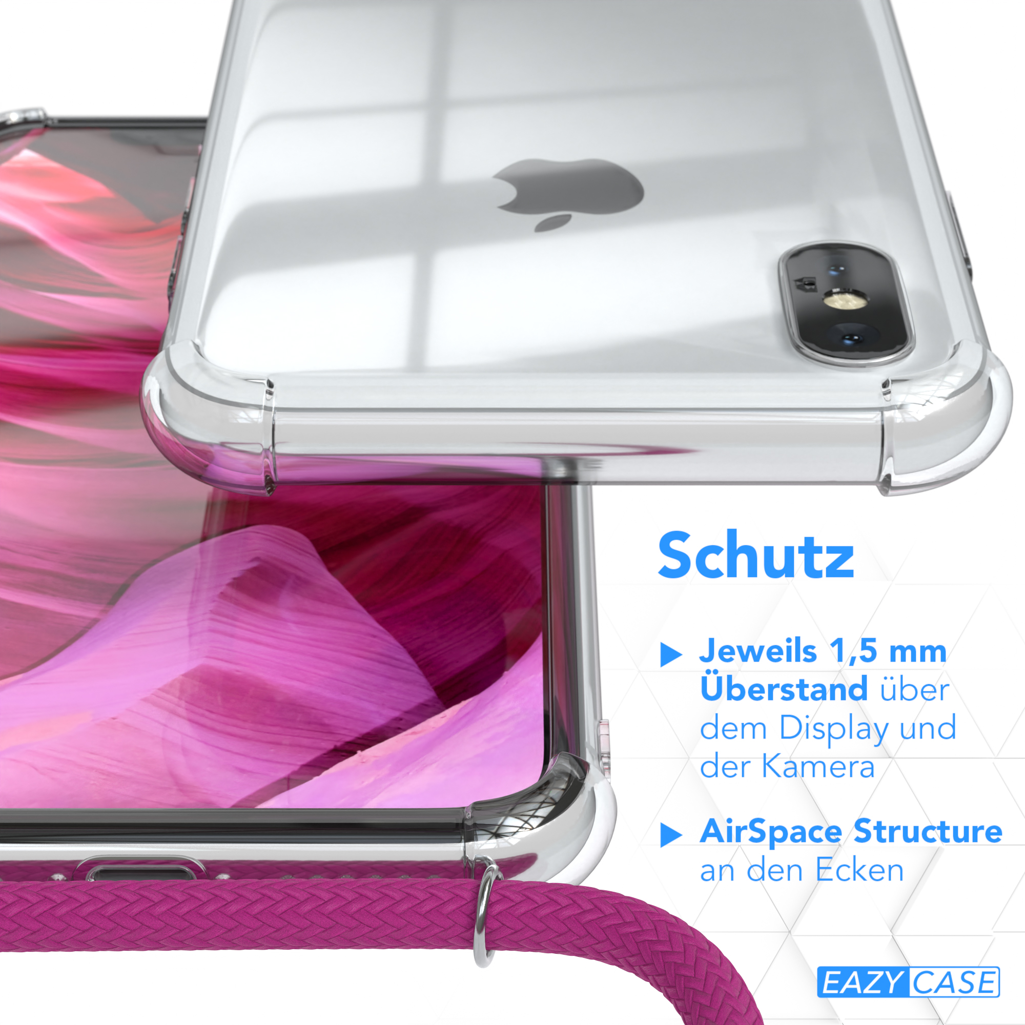 Nahaufnahme einer Handyhülle. Sie zeigt eine Handyhülle mit einem Telefon darin, wobei die Kanten hervorgehoben werden.
