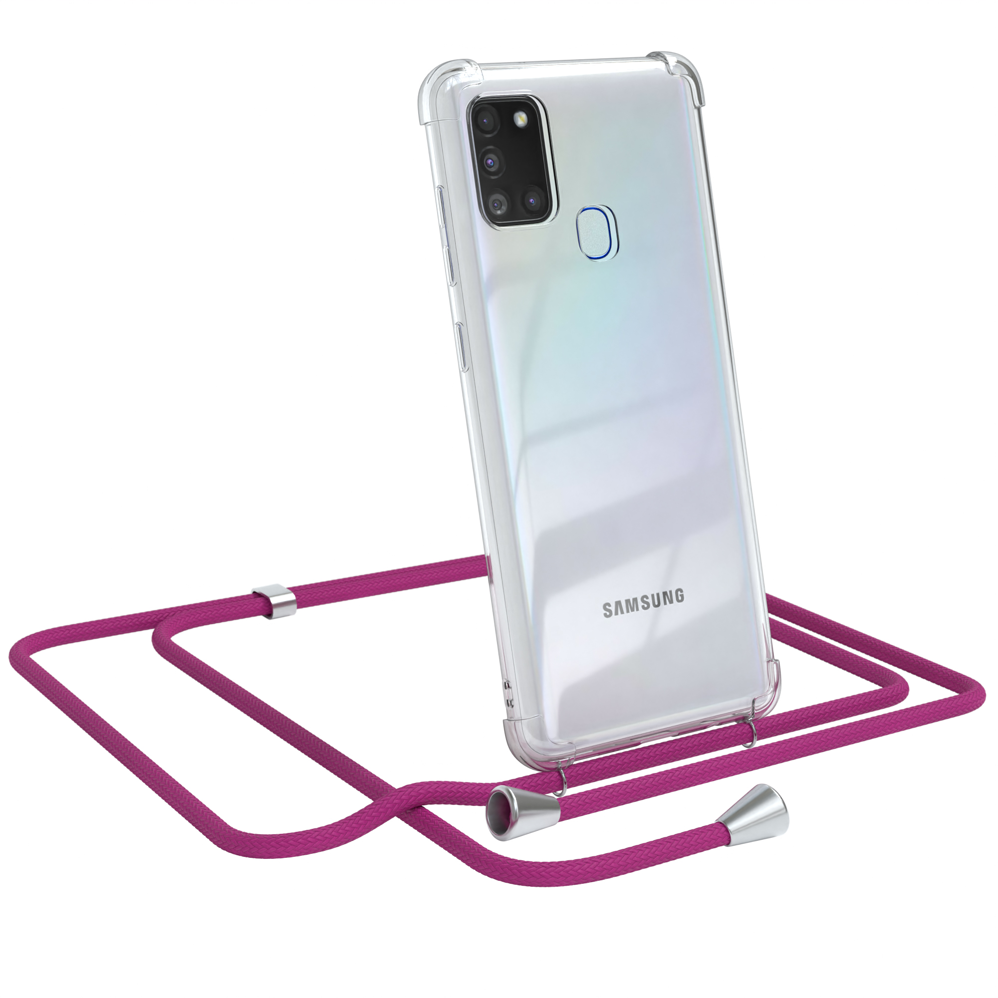 Ein Telefon in einer durchsichtigen Hülle mit einem rosa Lanyard. Das Telefon ist abgewinkelt.