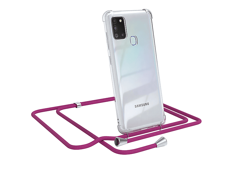 EAZY CASE Clear Cover mit Umhängeband, Umhängetasche, Samsung, Galaxy A21s, Pink / Clips Silber