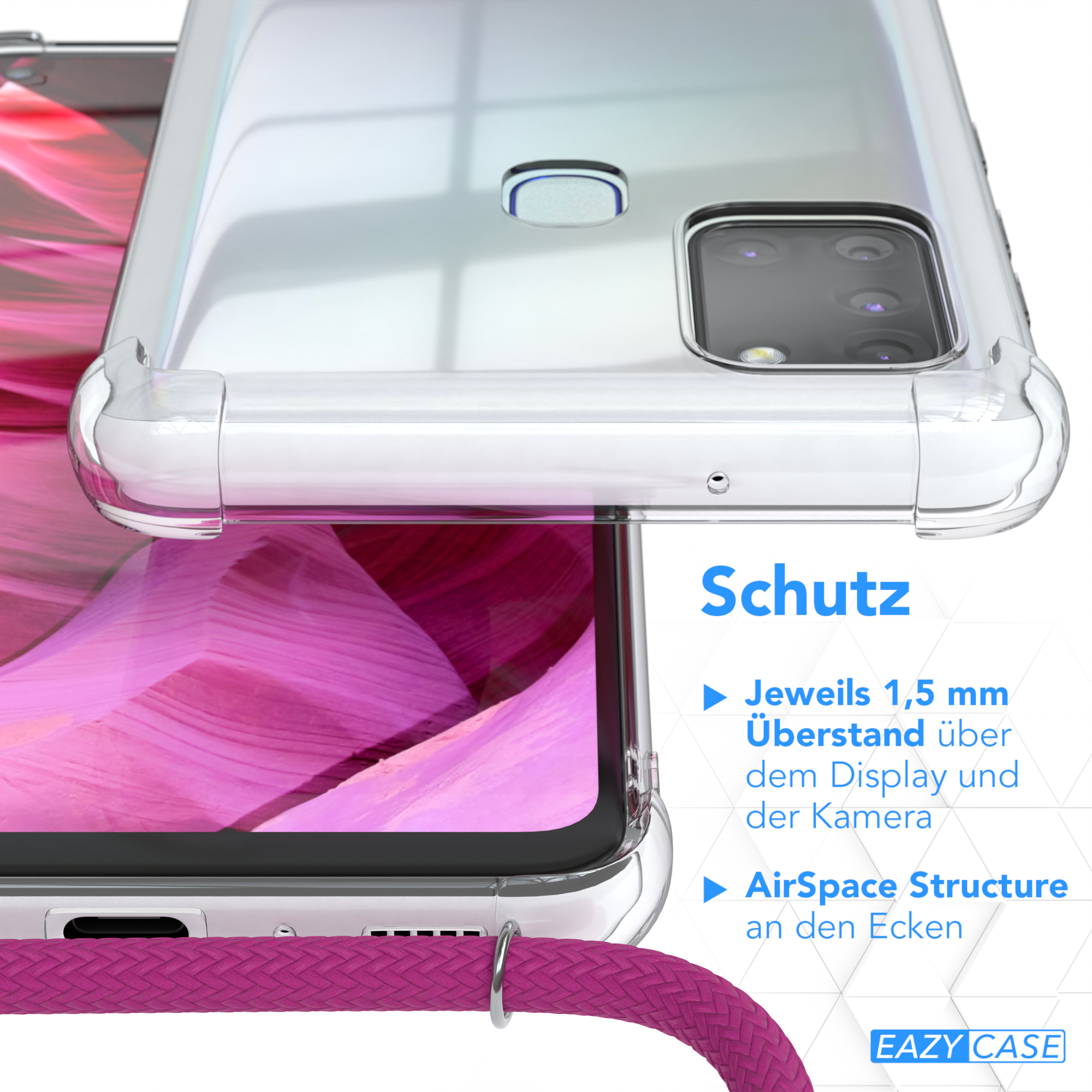 Cover EAZY Clear Pink mit Umhängeband, Samsung, Galaxy A21s, Clips CASE / Umhängetasche, Silber