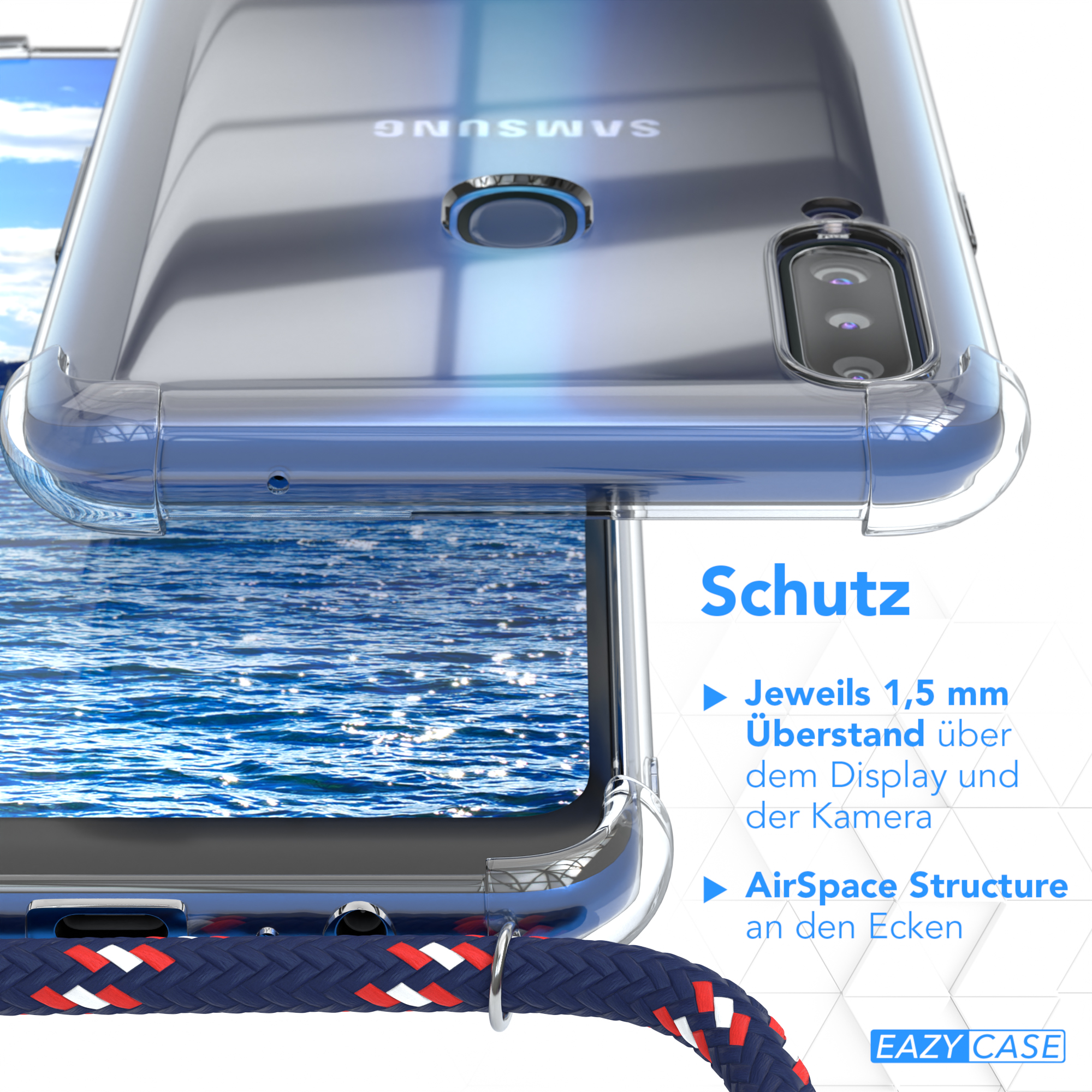 Nahaufnahme einer Handyhülle mit blau-roter Kordel, Wasserhintergrund.