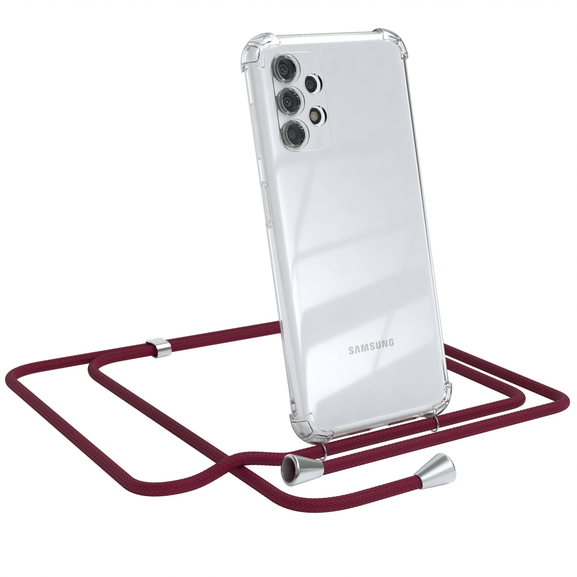 Transparente Handyhülle mit weinrotem Kordel. Samsung-Telefon hat mehrere Kameras. Silberne Akzente an den Enden.