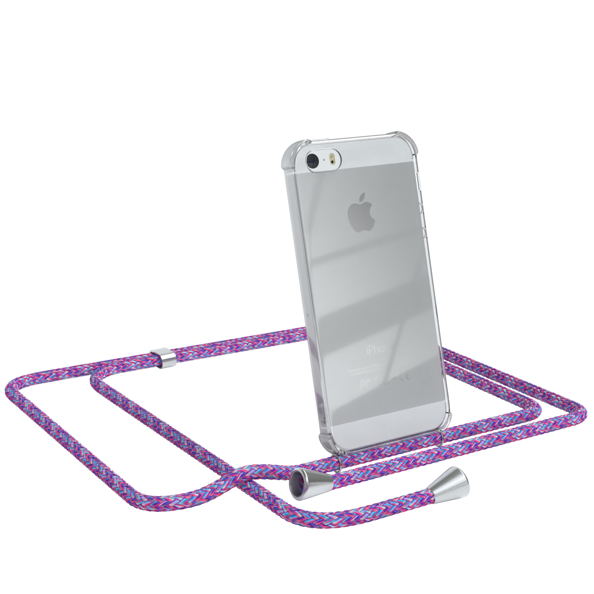 Ein iPhone in einer transparenten Hülle mit einem lila Lanyard.