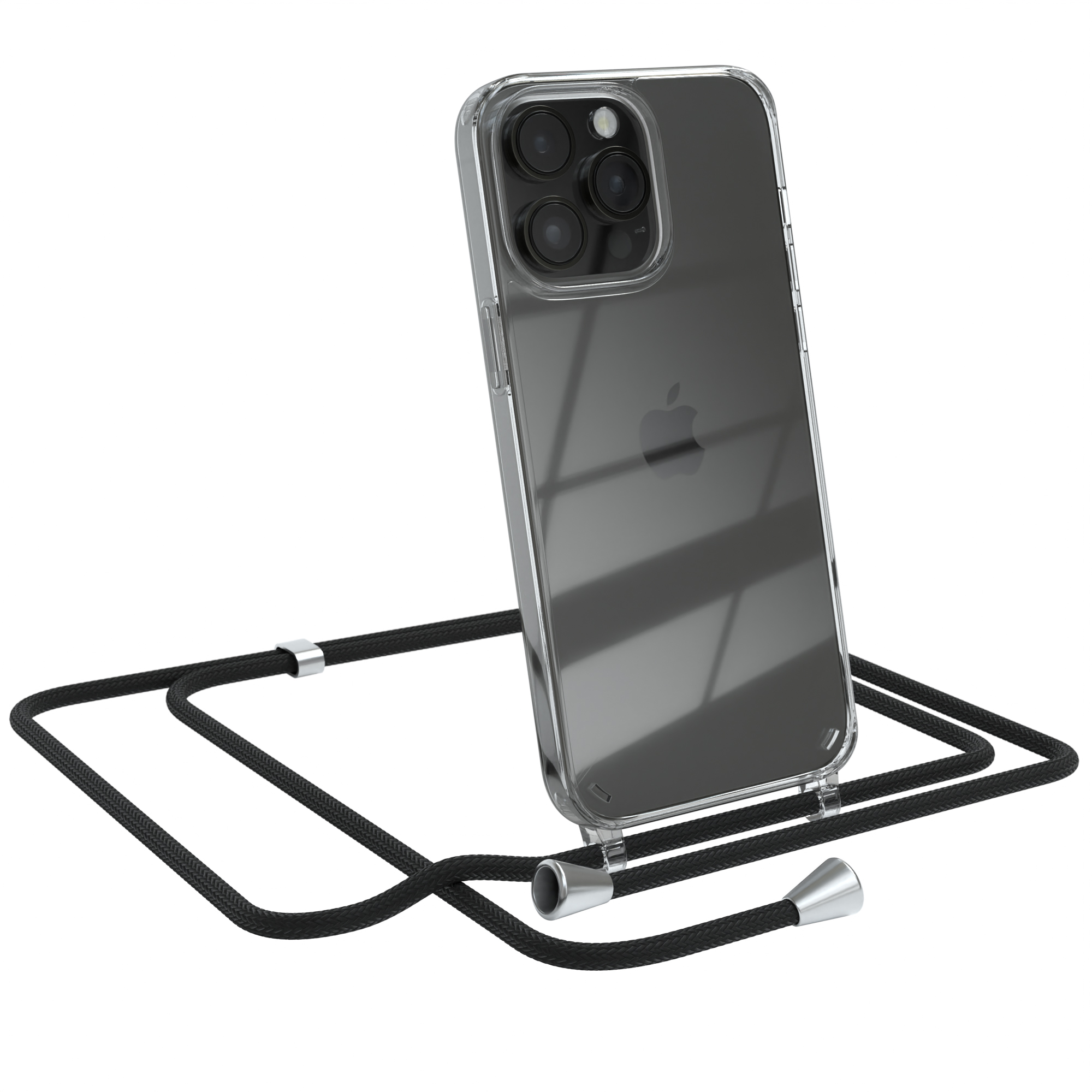 Schwarzes Telefon in einer transparenten Hülle mit schwarzem Riemen. Das Telefon lehnt sich an den Riemen.