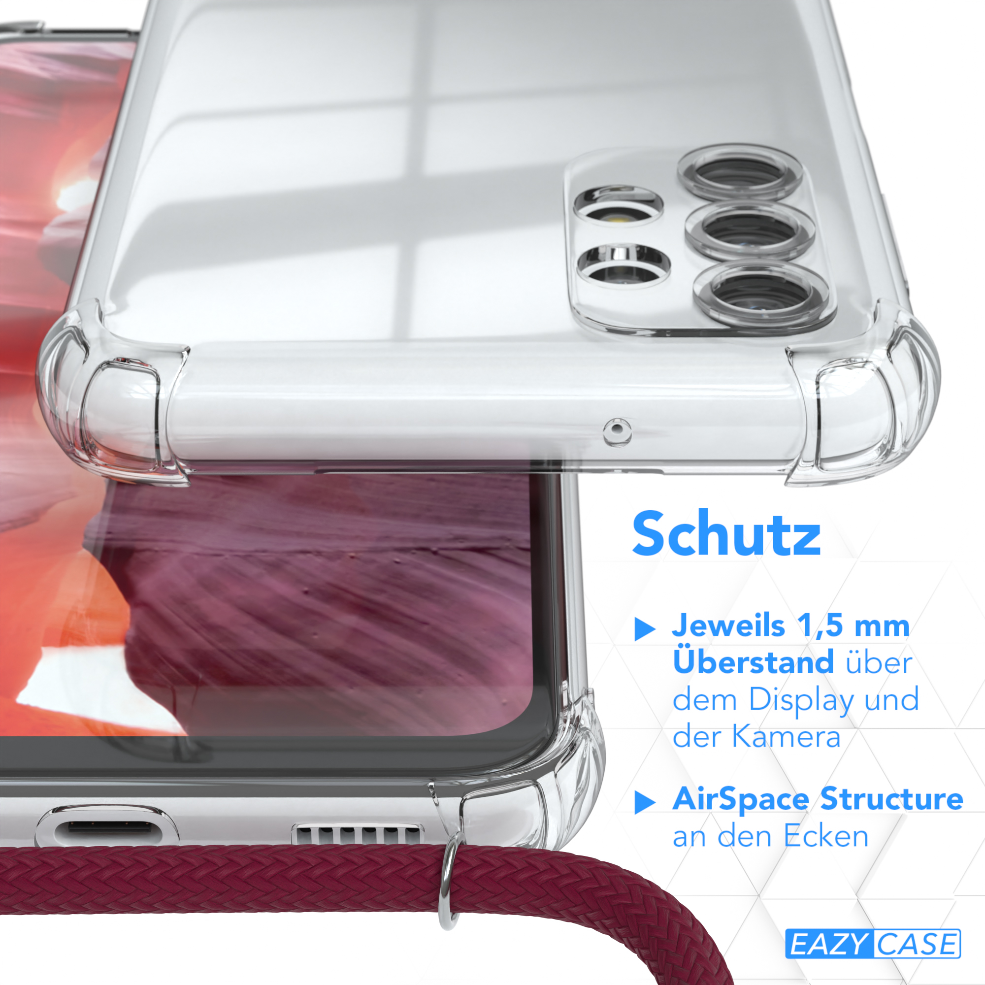 EAZY CASE Clear Cover Umhängeband, Clips Galaxy Rot mit A13, Samsung, / Silber Umhängetasche, Bordeaux