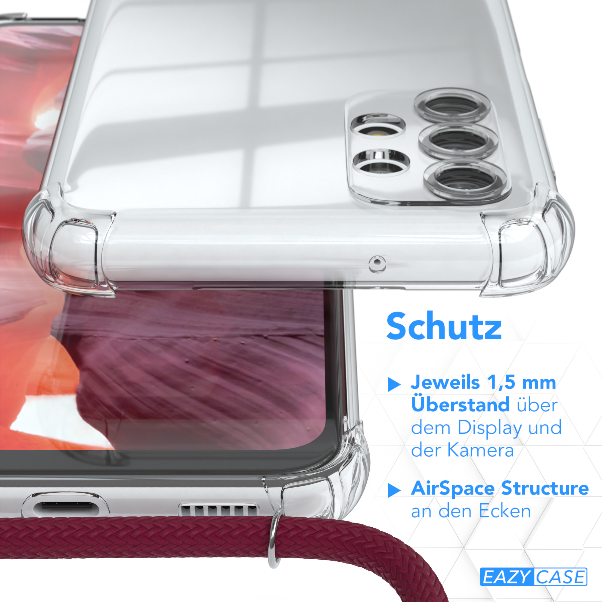 Transparente Handyhülle über farbenfrohem Hintergrund, mit weinrotem Telefonband und Text.