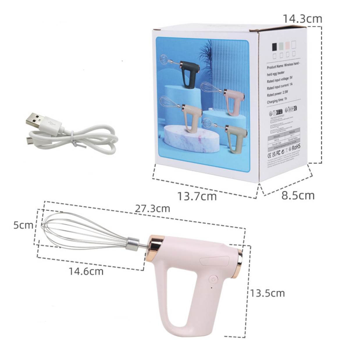 Ein rosa Hand-Eierquirl mit einer Box und einem USB-Kabel.
