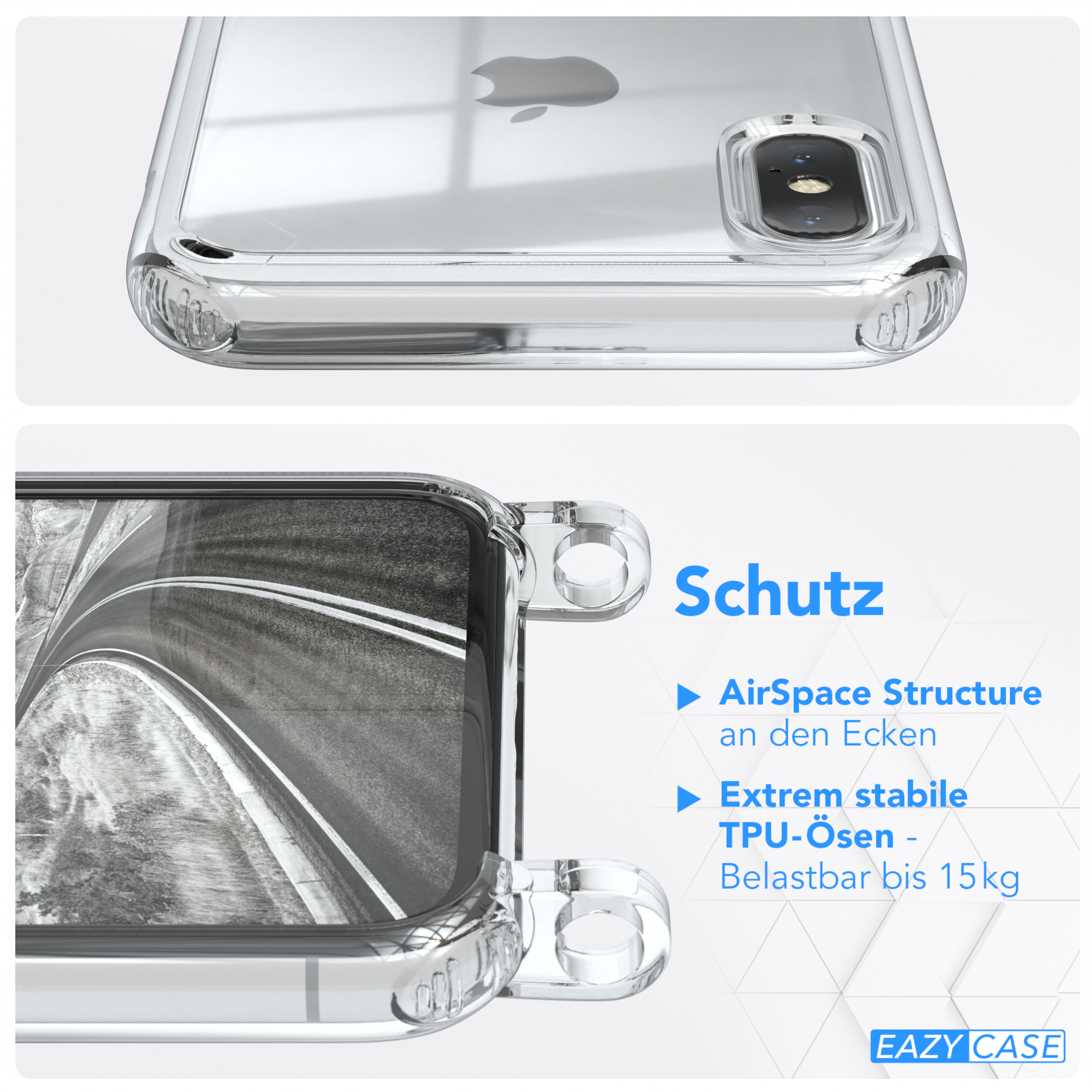 EAZY CASE Clear Cover / Umhängeband, / XS, X iPhone Apple, mit Umhängetasche, Clips Silber Grau