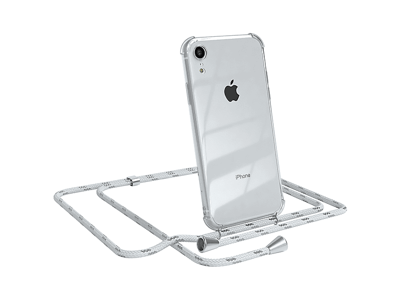 EAZY CASE Clear Cover mit Umhängeband, Umhängetasche, Apple, iPhone XR, Weiß / Clips Silber | Handyketten