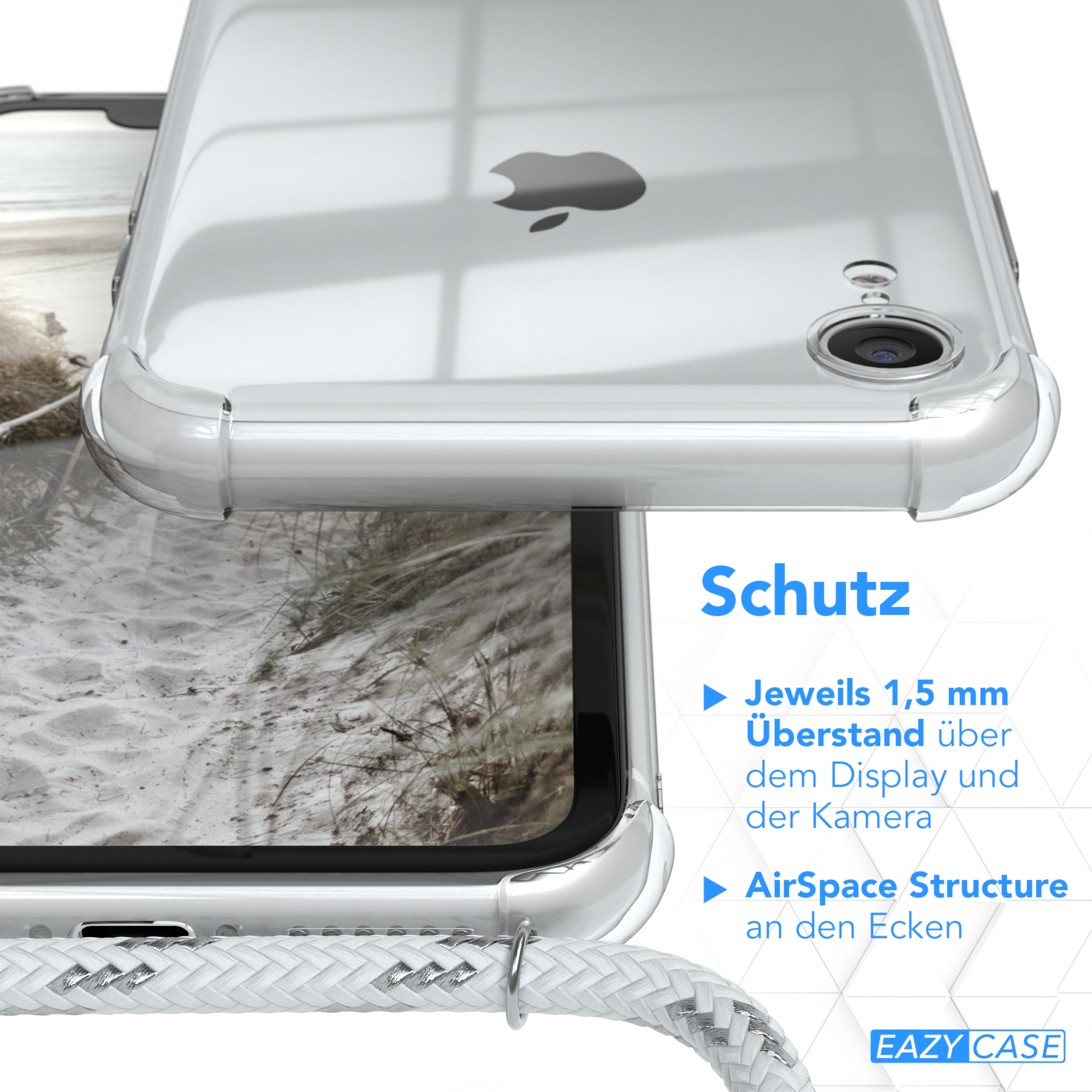 Transparente Handyhülle auf einem Telefon, weißes Kabel, Text über Schutz.