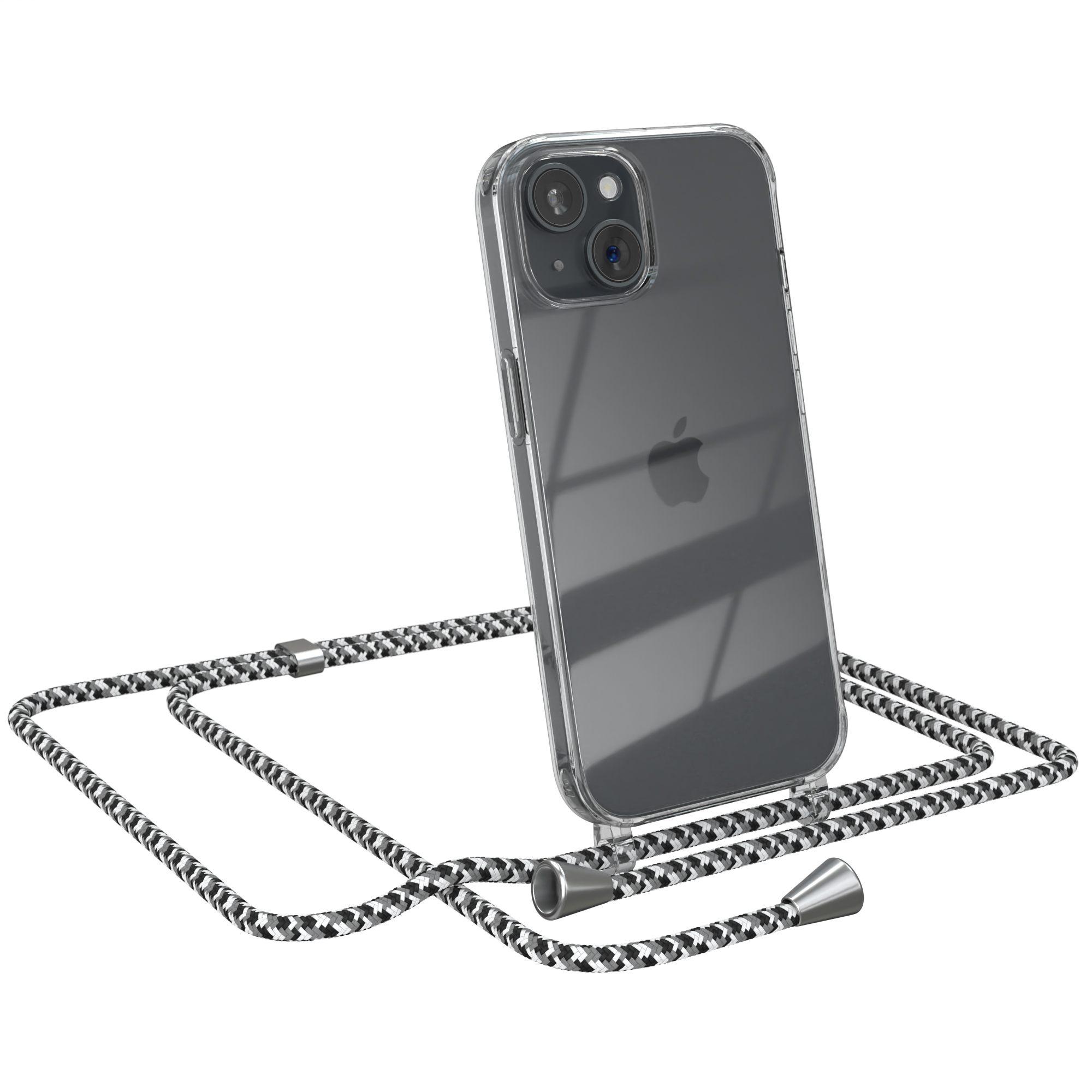EAZY CASE Clear Silber Apple, Umhängeband, Schwarz mit Camouflage 15, iPhone Cover / Umhängetasche, Clips