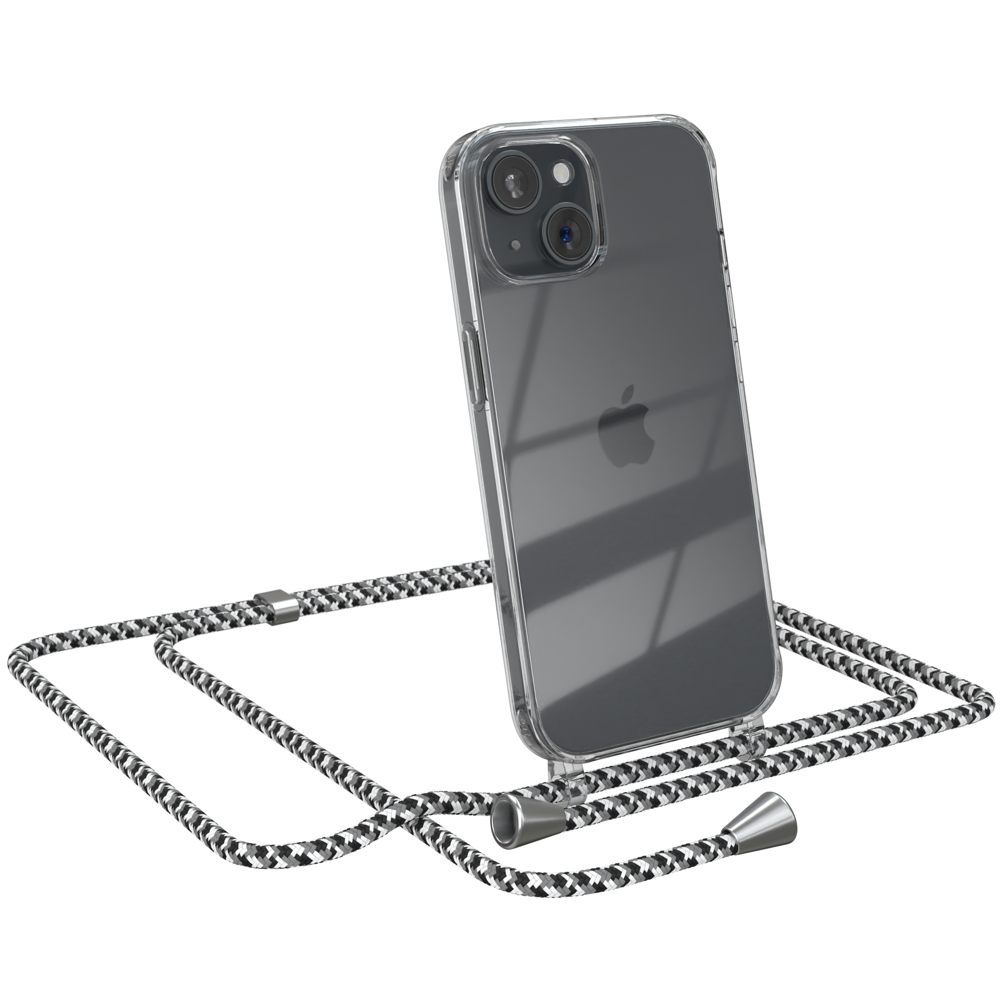 Klare Handyhülle mit schwarz-weißem Kordel. Ein iPhone befindet sich in der Hülle.