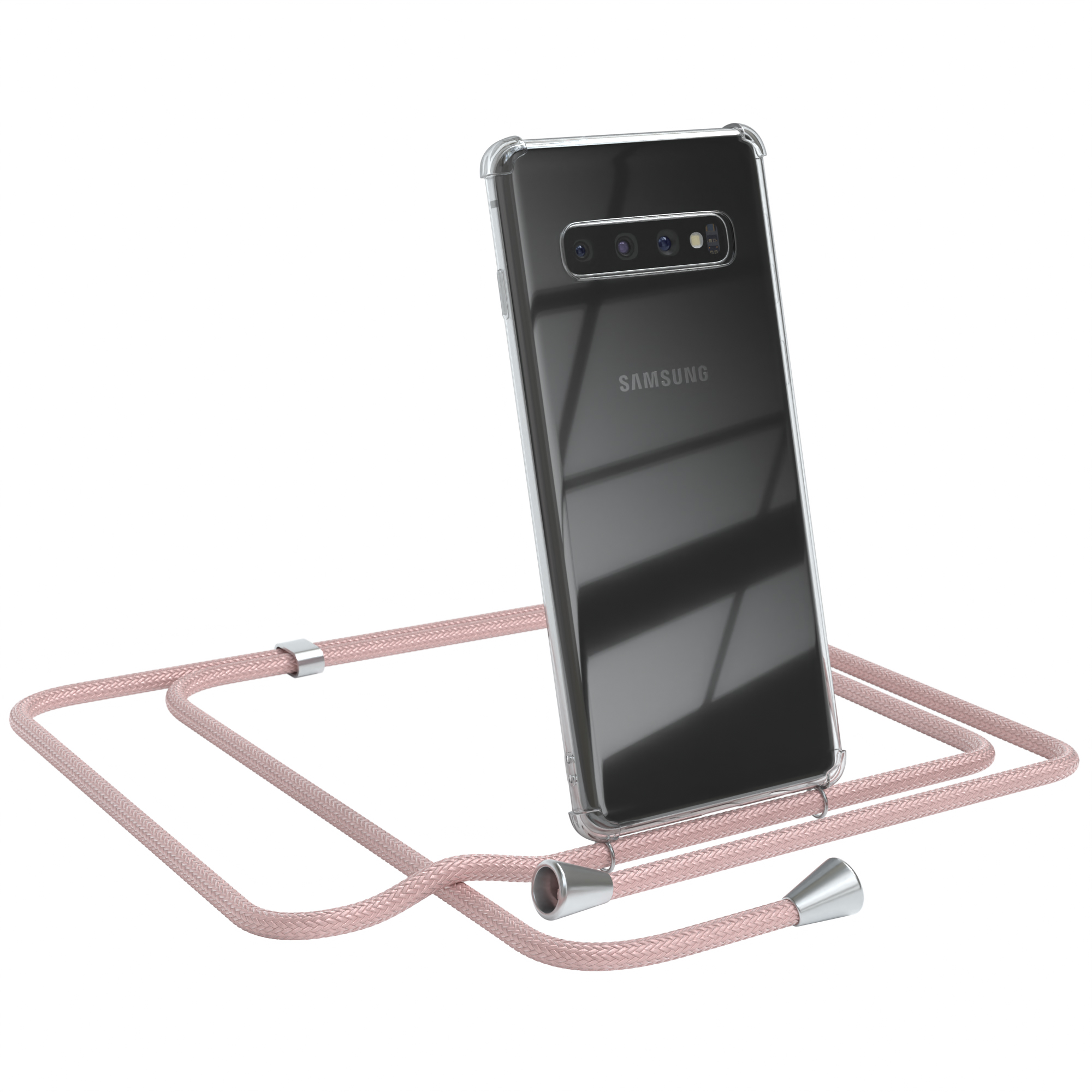 Eine transparente Handyhülle mit pinkfarbenem Lanyard. Das Telefon ist ein Samsung-Modell.