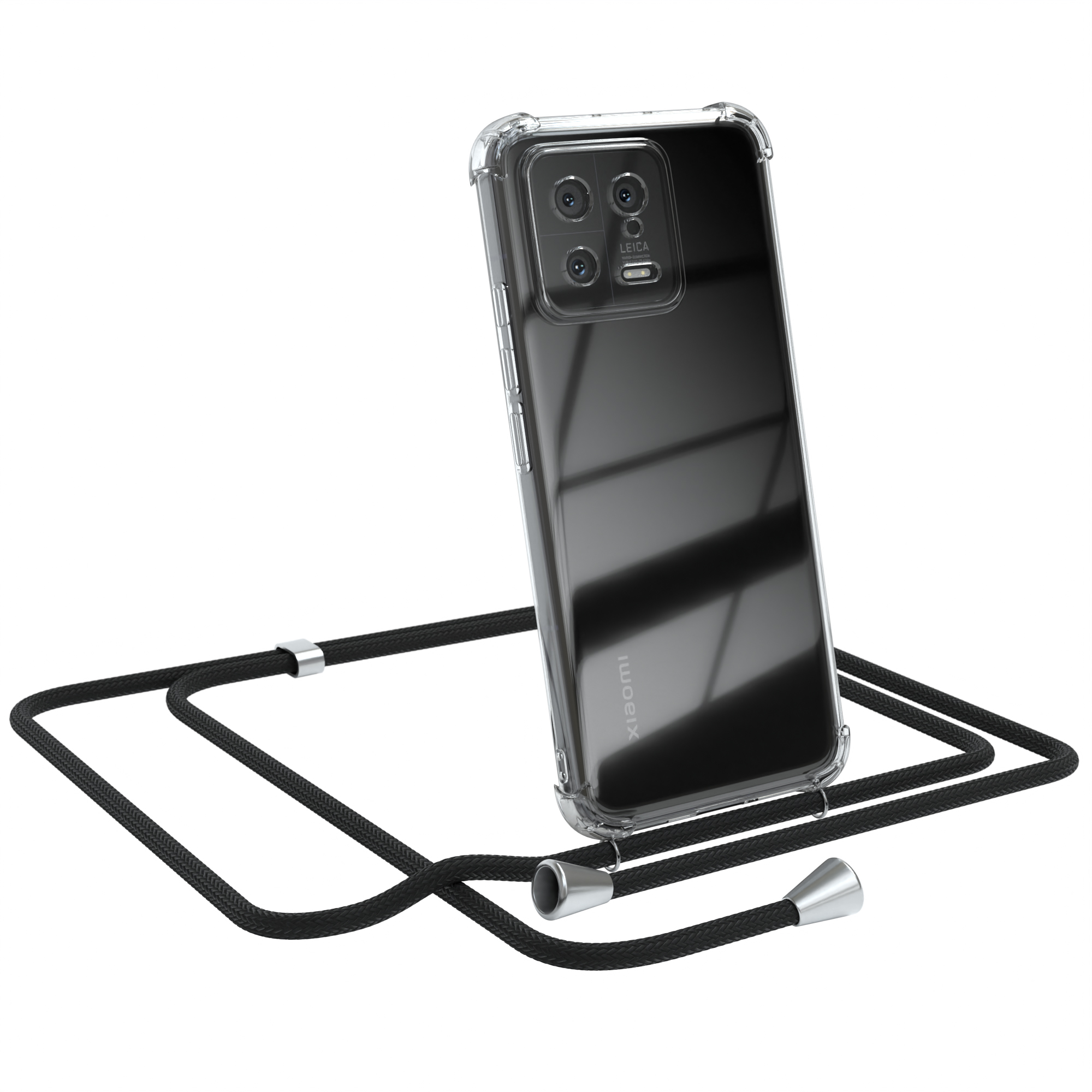 Telefon in transparenter Hülle mit schwarzem Umhängeband. Xiaomi- und Leica-Logos sind sichtbar. Das Telefon ist schwarz.