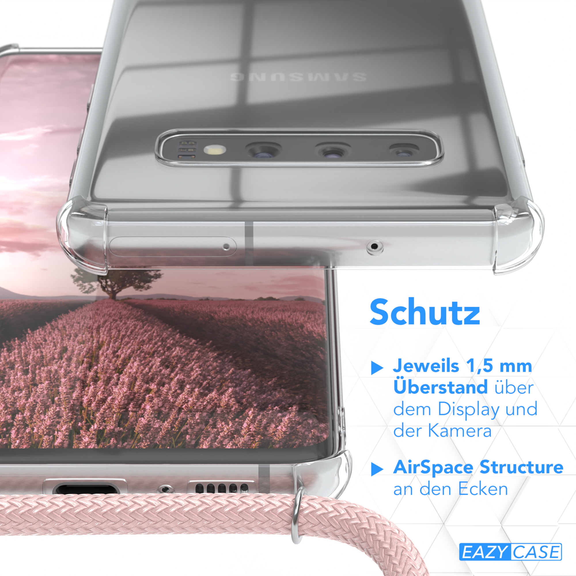 EAZY CASE Clear Cover / Clips Galaxy Umhängeband, Samsung, Silber S10, Umhängetasche, mit Rosé