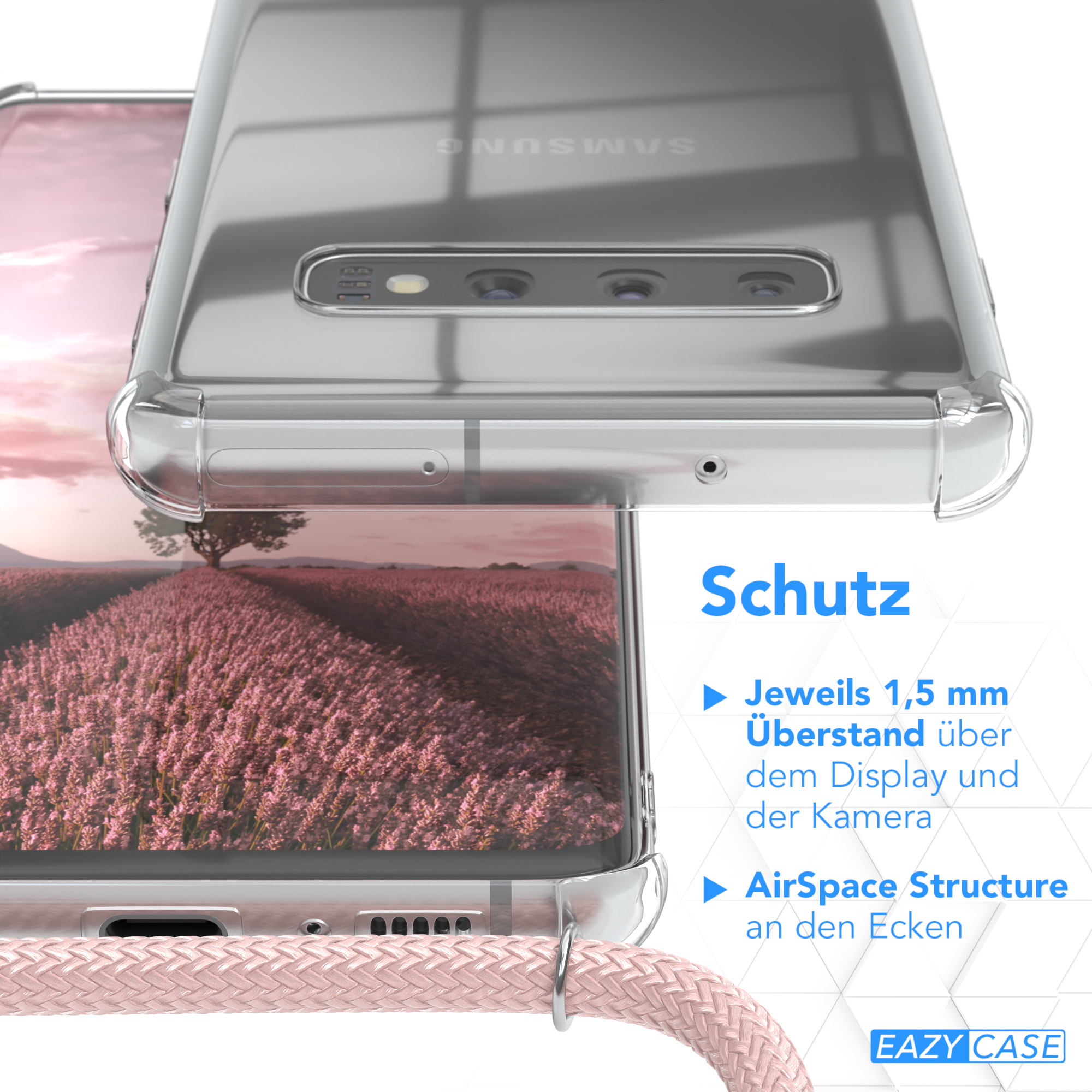 Telefongehäusedetail. Klare Hülle schützt das Telefon. Rosa Kordel.