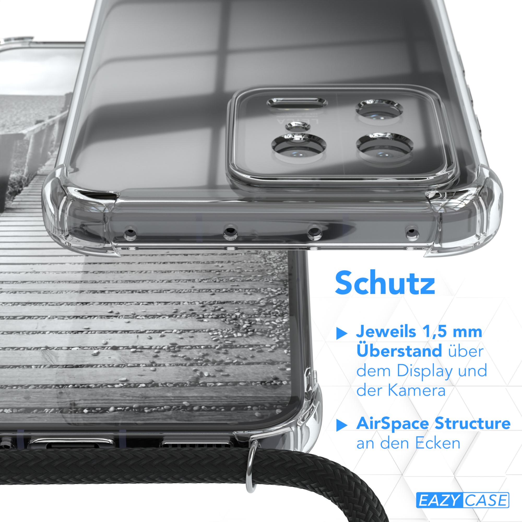 EAZY CASE Clear Cover 13, Xiaomi, Schwarz Umhängetasche, mit Clips / Silber Umhängeband