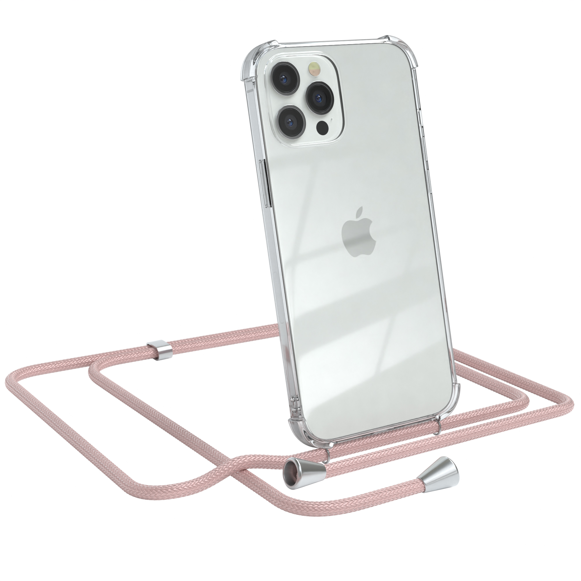 Klares Telefon mit rosa Kordel. Der Hintergrund ist weiß.