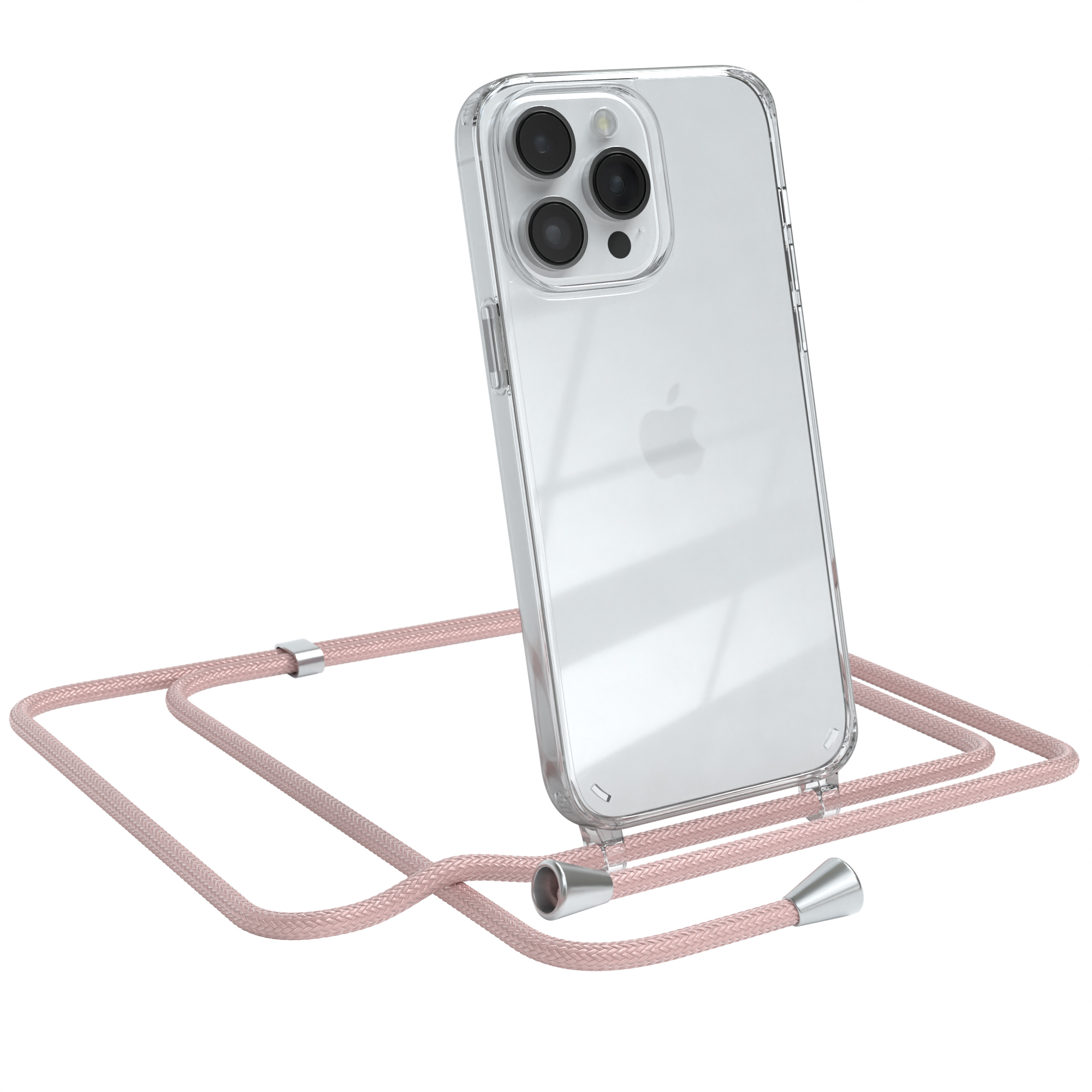 Transparente Handyhülle mit pinkfarbenem Lanyard. Telefon schräg, Rückseite sichtbar.