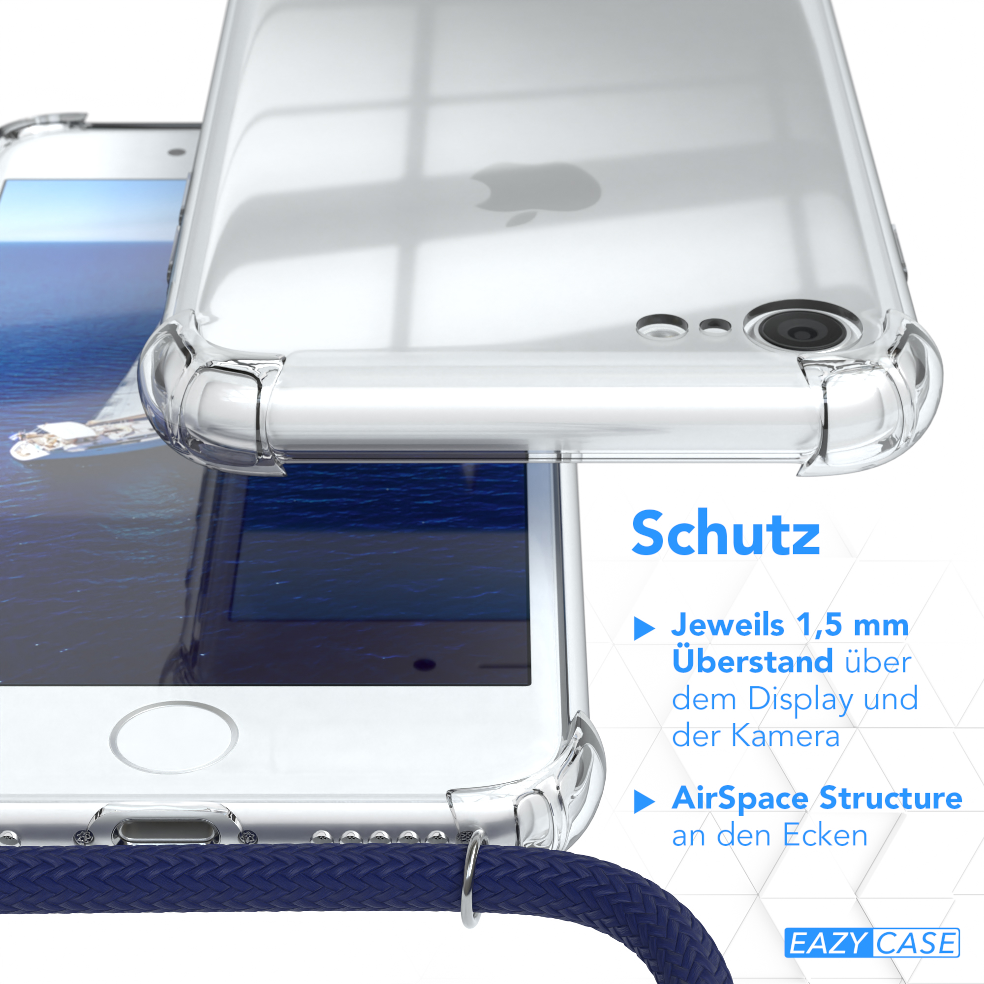 Klare Handyhülle-Details, mit Text: Schutz, AirSpace Structure, 1,5 mm Display-Abdeckung.