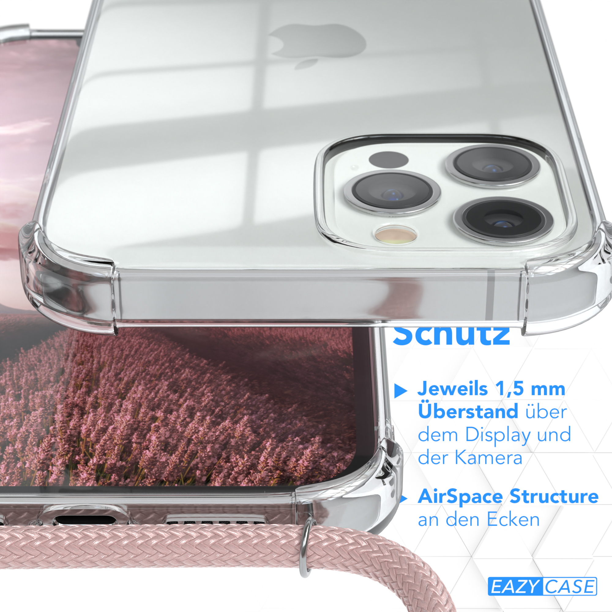 EAZY CASE Clear Cover mit Umhängeband, iPhone Rosé Silber / Clips Apple, Pro 12 Umhängetasche, Max