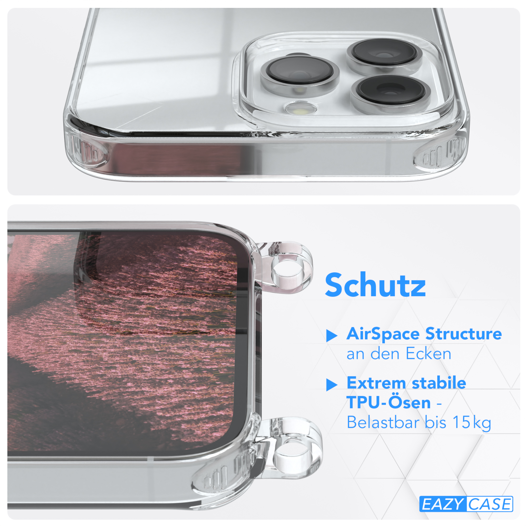 Transparente Handyhülle mit AirSpace Structure und TPU-Ösen. Text hebt Funktionen hervor.