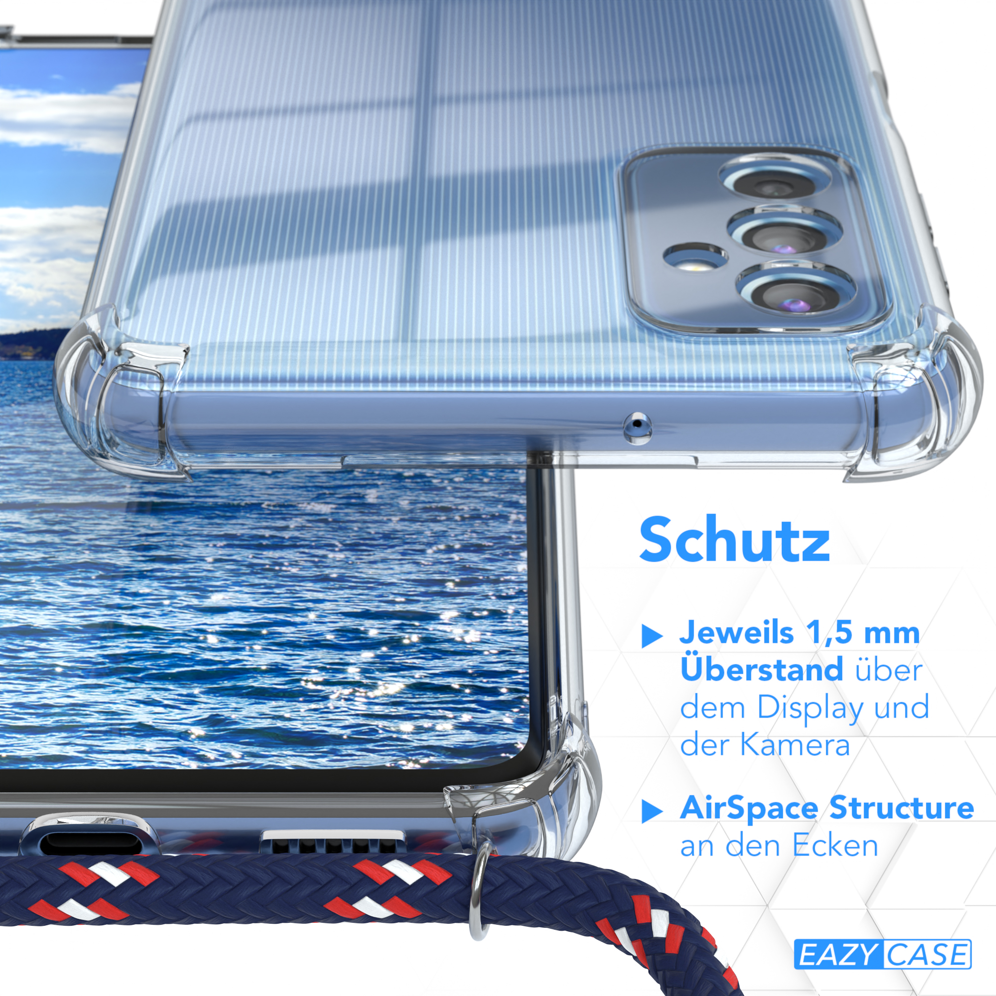 Klare Handyhülle mit blauem Kabel. Merkmale: 1,5 mm Displayüberstand, AirSpace Struktur an den Ecken.