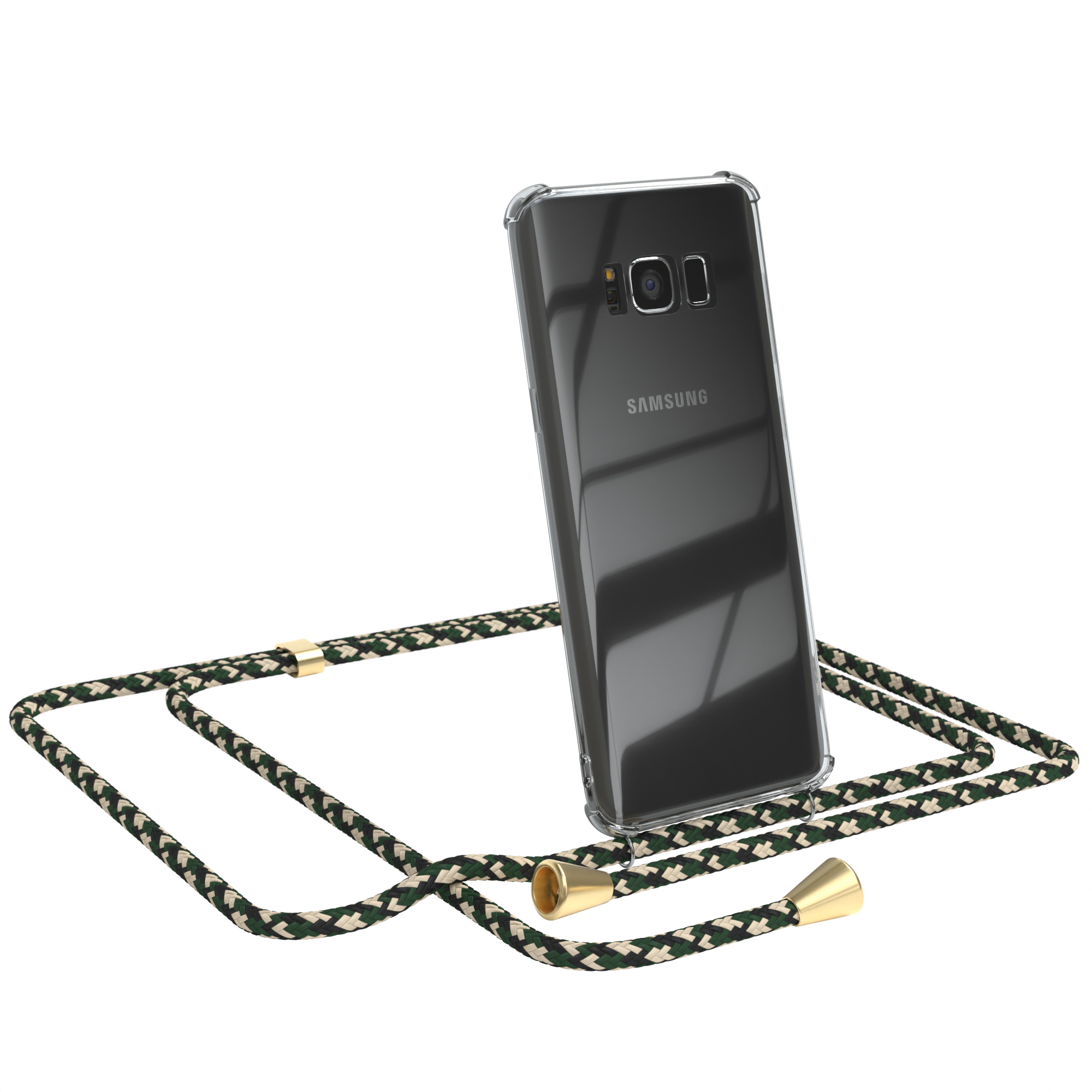Transparente Handyhülle mit grün-beigem Kabel. In der Hülle befindet sich ein Samsung-Handy. Telefon ist abgewinkelt.