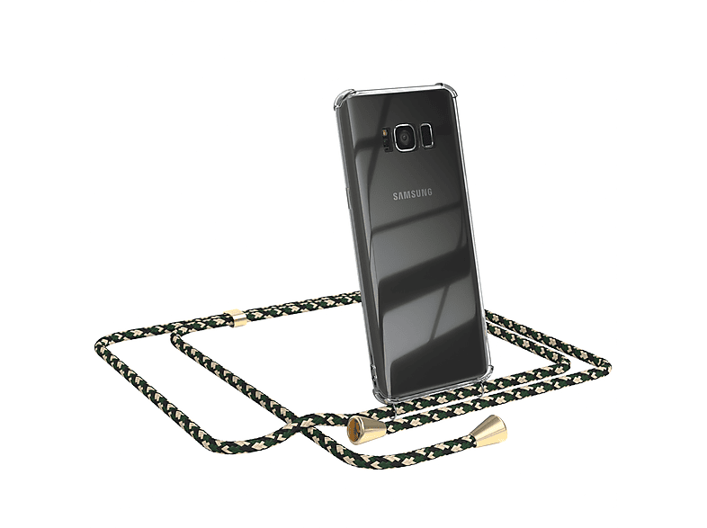 EAZY CASE Clear Cover mit Umhängeband, Umhängetasche, Samsung, Galaxy S8, Grün Camouflage / Clips Gold | Handyketten