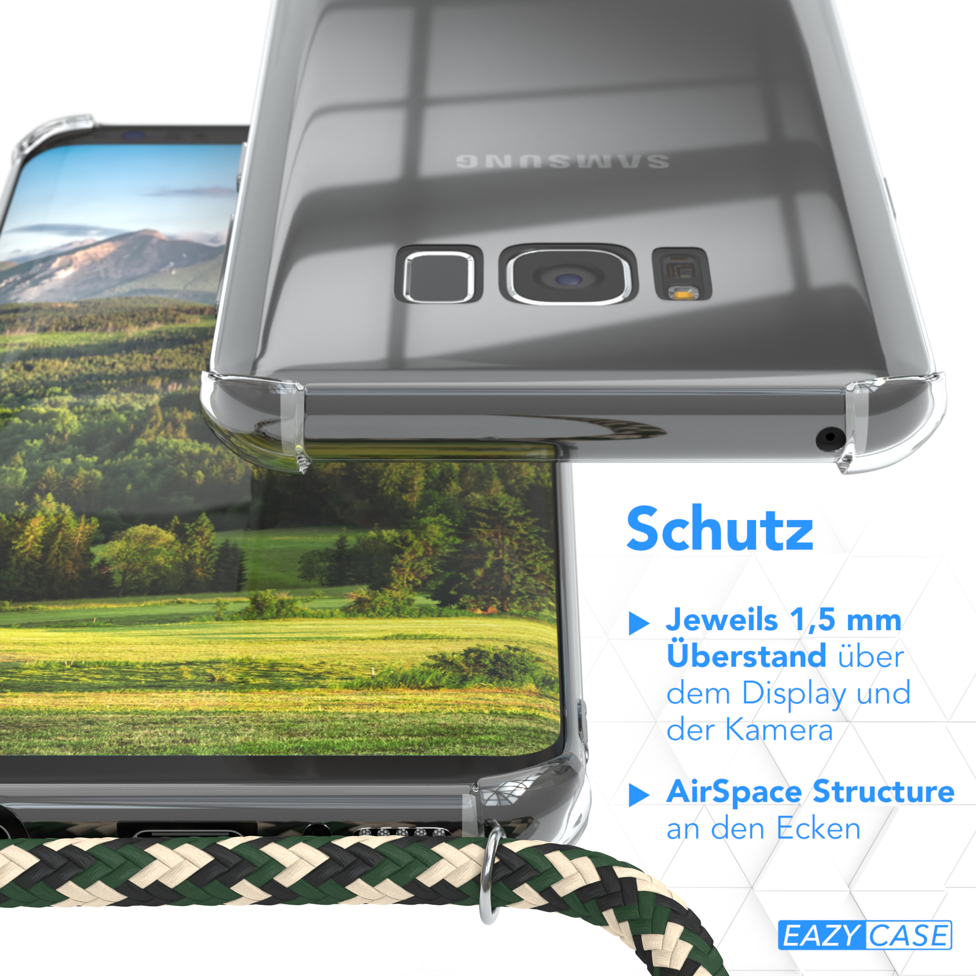 Nahaufnahme einer durchsichtigen Handyhülle mit grün-schwarzem Band.