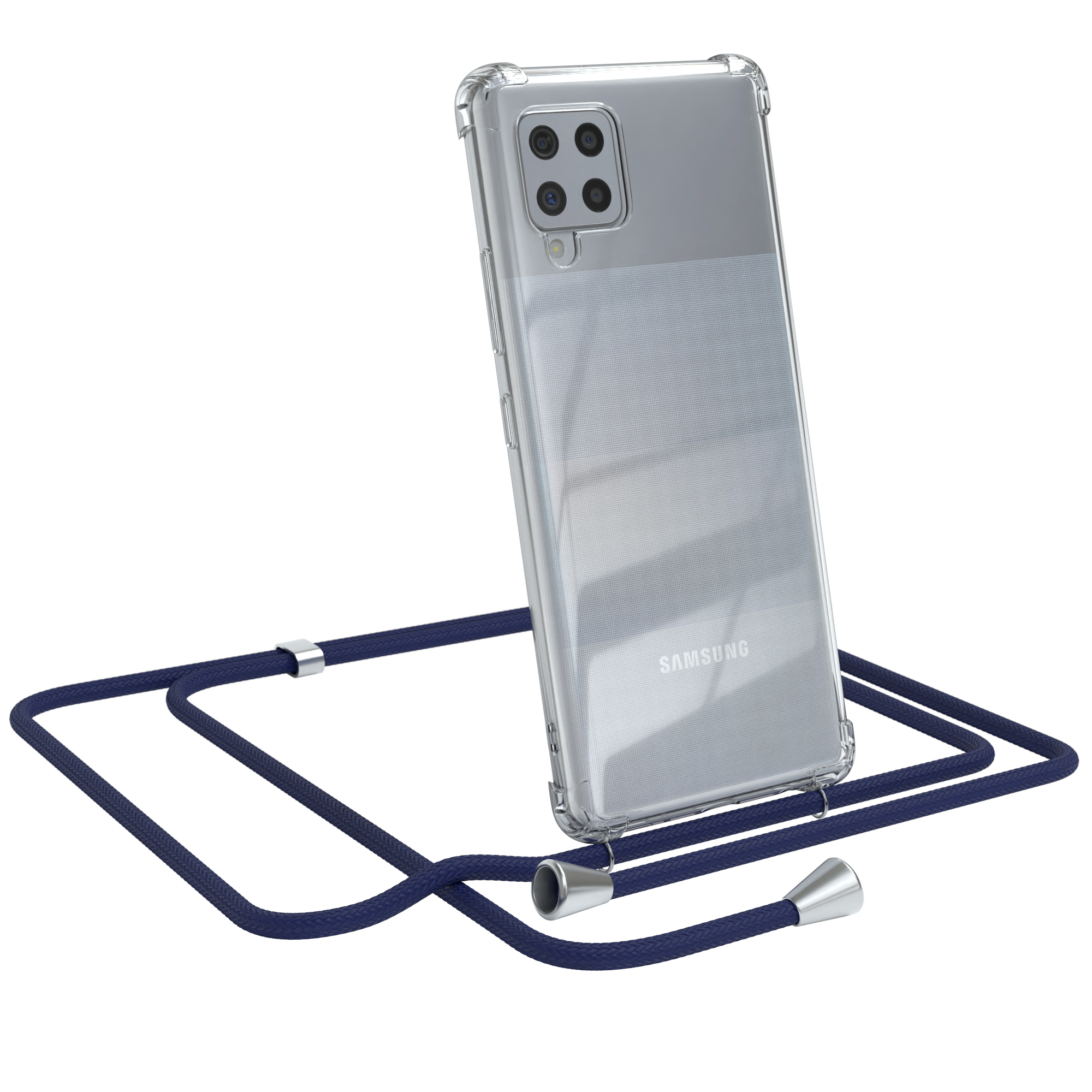 Telefon in klarer Hülle mit blauem Umhängeband.