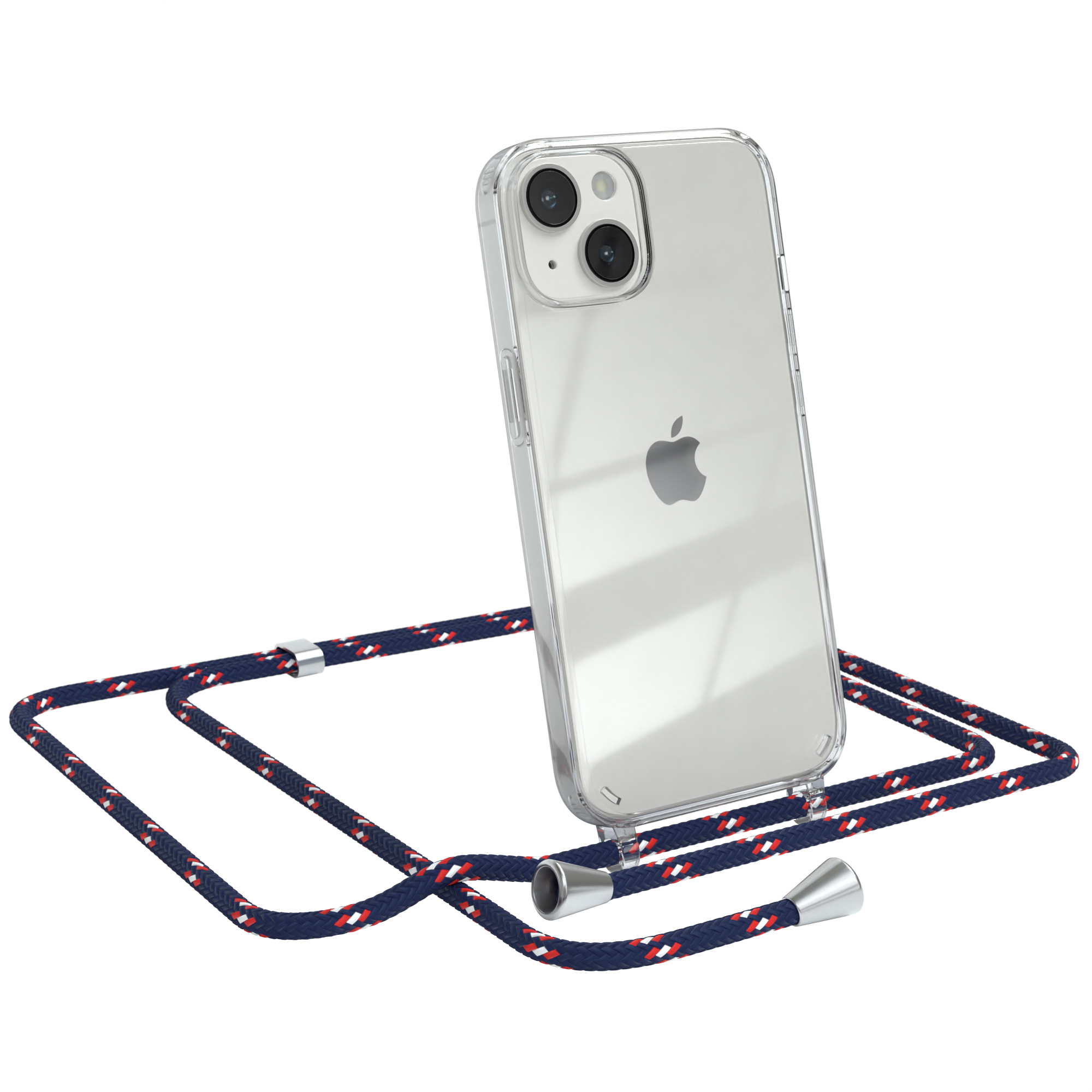 Transparente Handyhülle mit blau-rotem Band. Ein Apple-Logo ist sichtbar.