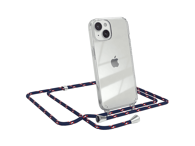 EAZY CASE Clear Cover mit Umhängeband, Umhängetasche, Apple, iPhone 14, Blau Camouflage / Clips Silber | Handyketten