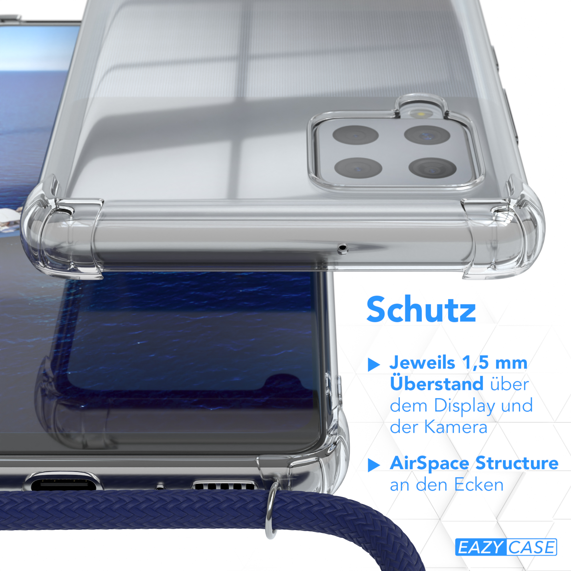 Nahaufnahme einer Handyhülle. Text: Schutz. Text: EAZY CASE. Mit einem blauen Gurt.