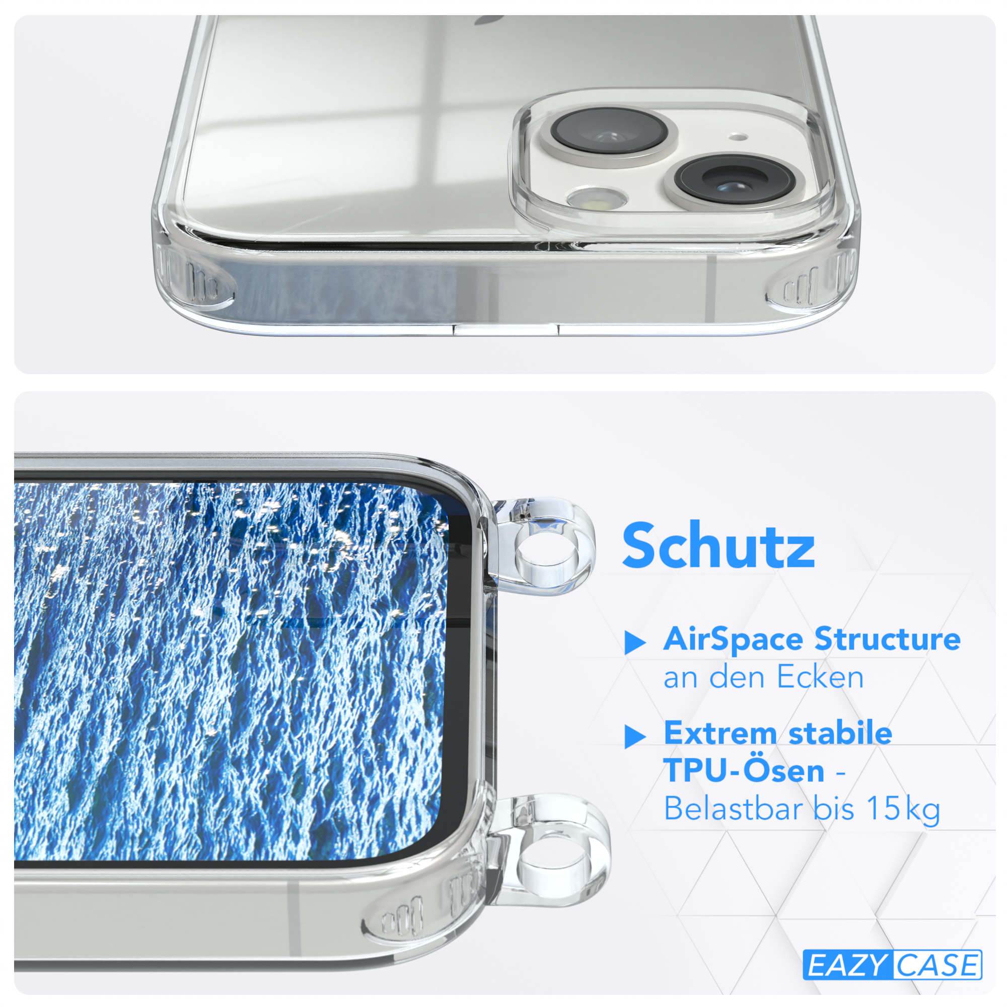 Eine transparente Handyhülle mit einem Telefon darin. Das Bild zeigt die Eckdetails der Hülle.